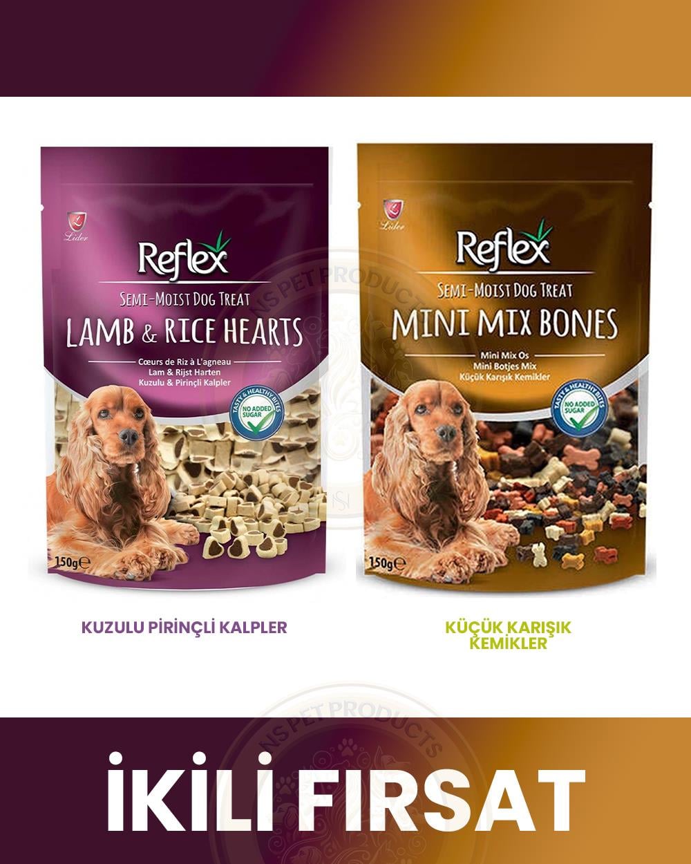 Reflex SemiMoist Köpek Ödül Maması 2 çeşit 2x150gr (Lamb,rice hearts-Mini mix bones)  