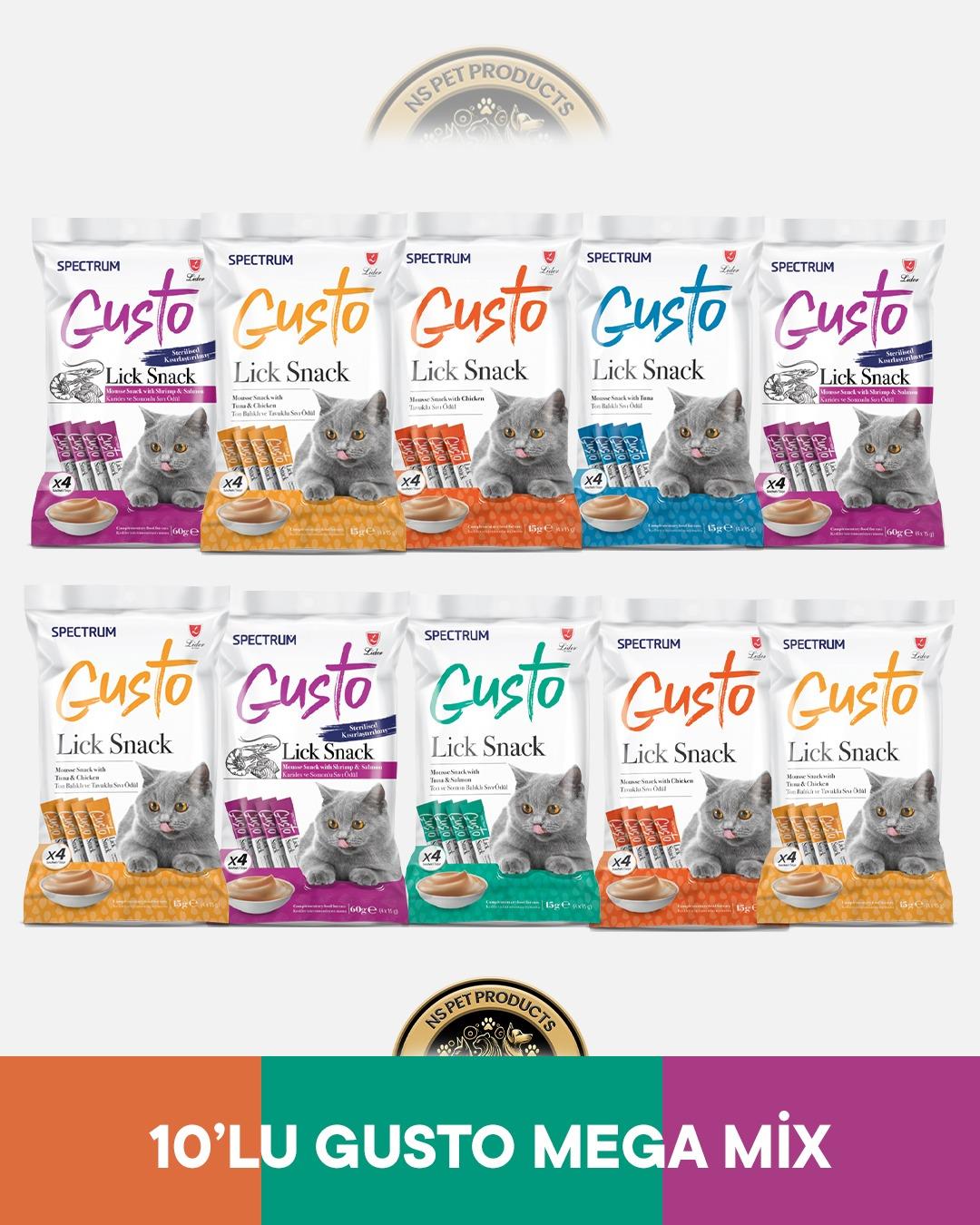 Spectrum Gusto Lick Snack Karides-Somon,Ton-Tavuk,Tavuk,Ton,Ton-Somon Sıvı Kedi Ödül Maması 10 Adet-4x15 gram