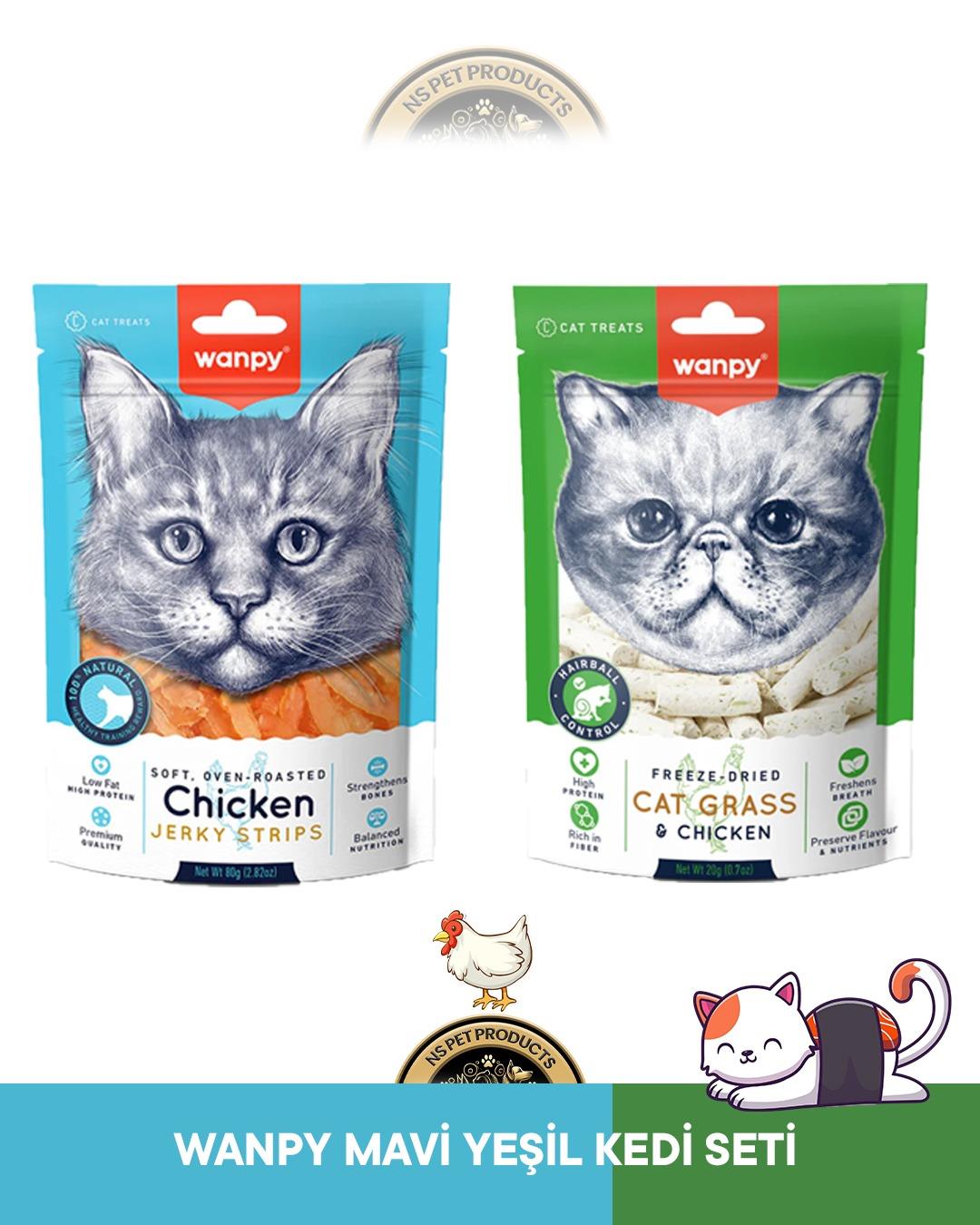 Wanpy Gerçek Tavuk Fileto Jerky Strips Yumuşak 80 gr & Kedi Çimi ve Tavuklu 20 gr Kedi Ödül Maması Seti