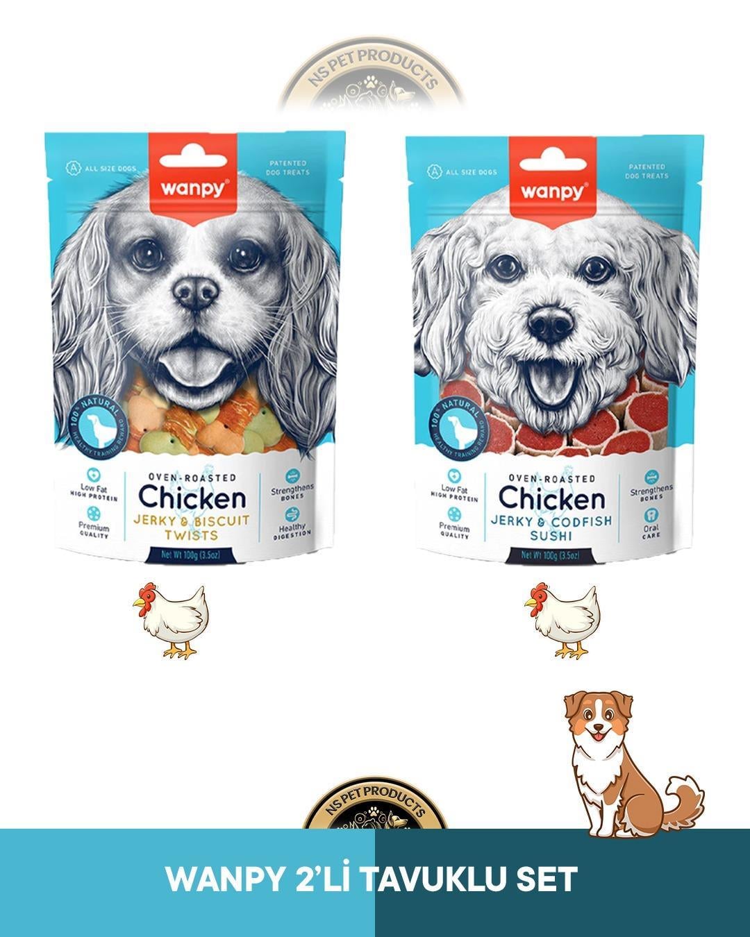 Wanpy Jerky Bisküvi Üzeri Tavuk Sargılı - Jerky Codfish Sushi Tavuklu ve Morina Balıklı Köpek Ödül Maması Seti 2x100 gram