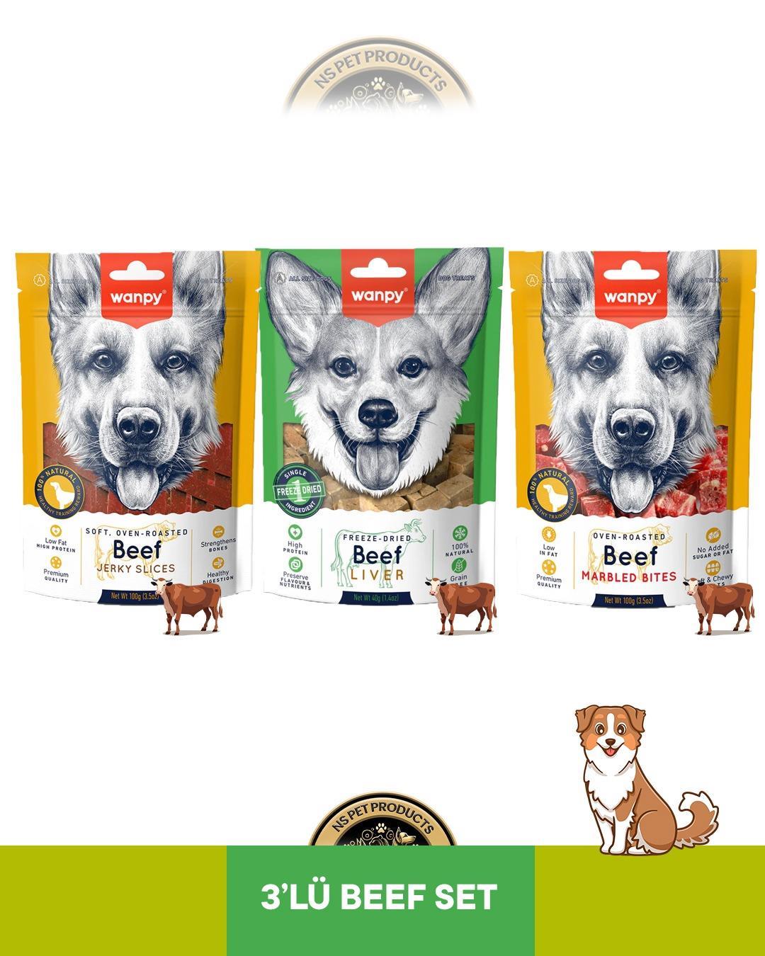Wanpy Jerky Gerçek Biftek Fileto - Marbled Ödül Et Parçaları 100 gram & Kurutulmuş Gerçek Dana Ciğeri 40 gram Köpek Ödül Maması Seti