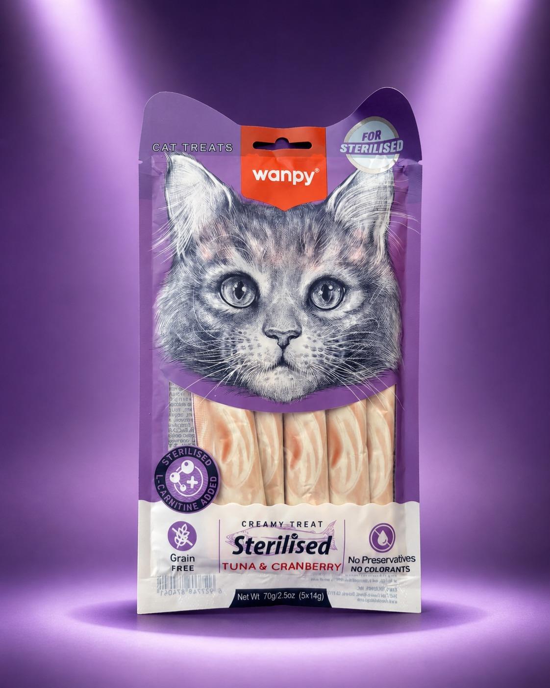 Wanpy Kedi Ödül Maması Sterilised Kremalı Ton Balıklı & Cranberry İçerikli 70g Kısırlaştırılmış Tahılsız Kedi Kreması