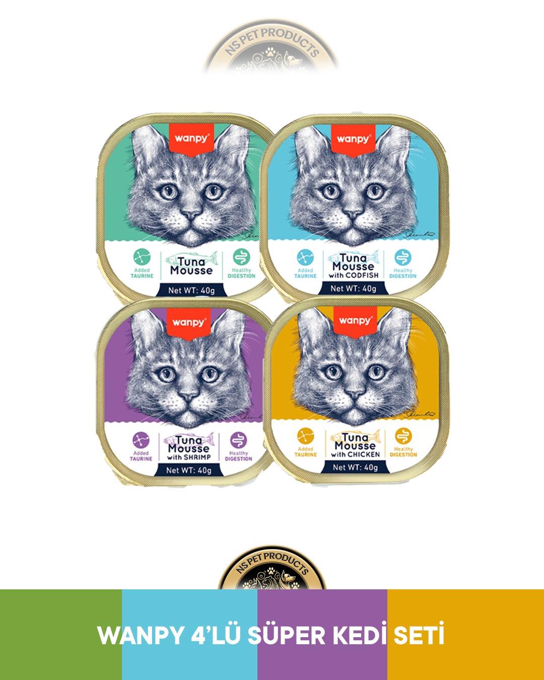 Wanpy Mousse Ton Balıklı Alutray & Ton Balıklı - Morina Balıklı Alutray & Ton Balıklı - Karidesli Alutray & Ton Balıklı - Tavuklu Alutray Kedi Yaş Maması Seti 4x40 gr