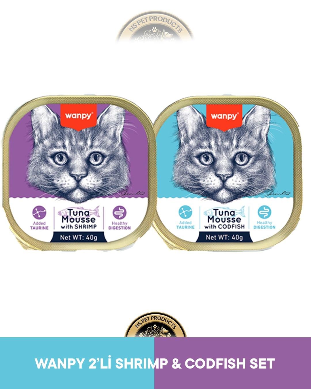 Wanpy Mousse Ton Balıklı - Karidesli Alutray & Wanpy Mousse Ton Balıklı - Morina Balıklı Alutray Kedi Yaş Maması Seti 2x40 gr