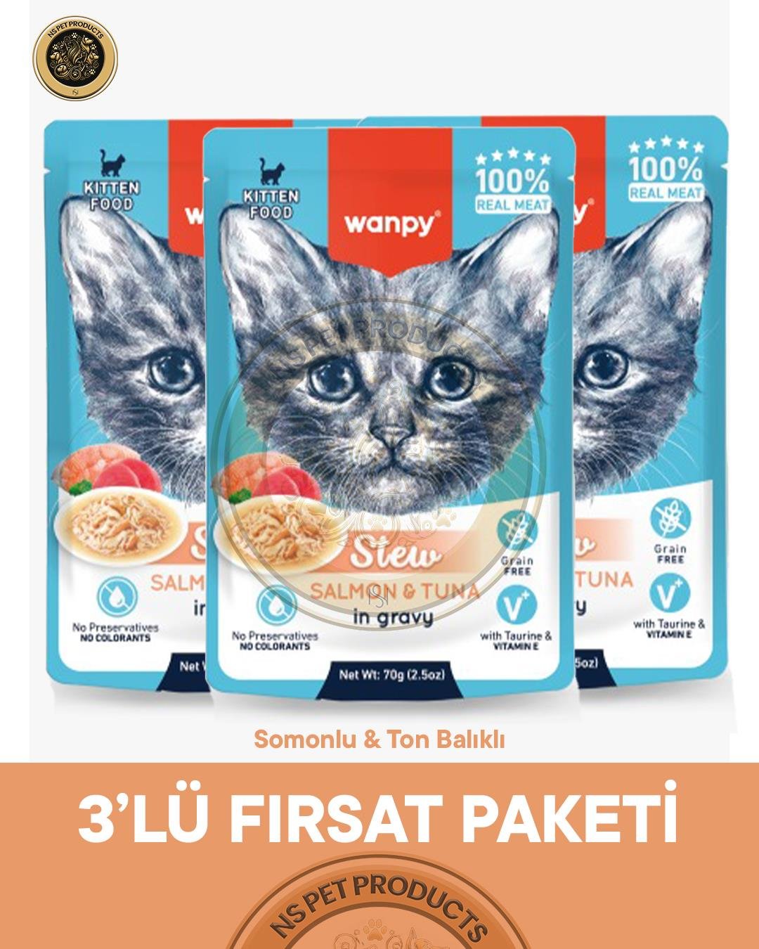 Wanpy Pouch Somon-Ton Yaş Yavru Kedi Maması 3lü Fırsat 3x70gr