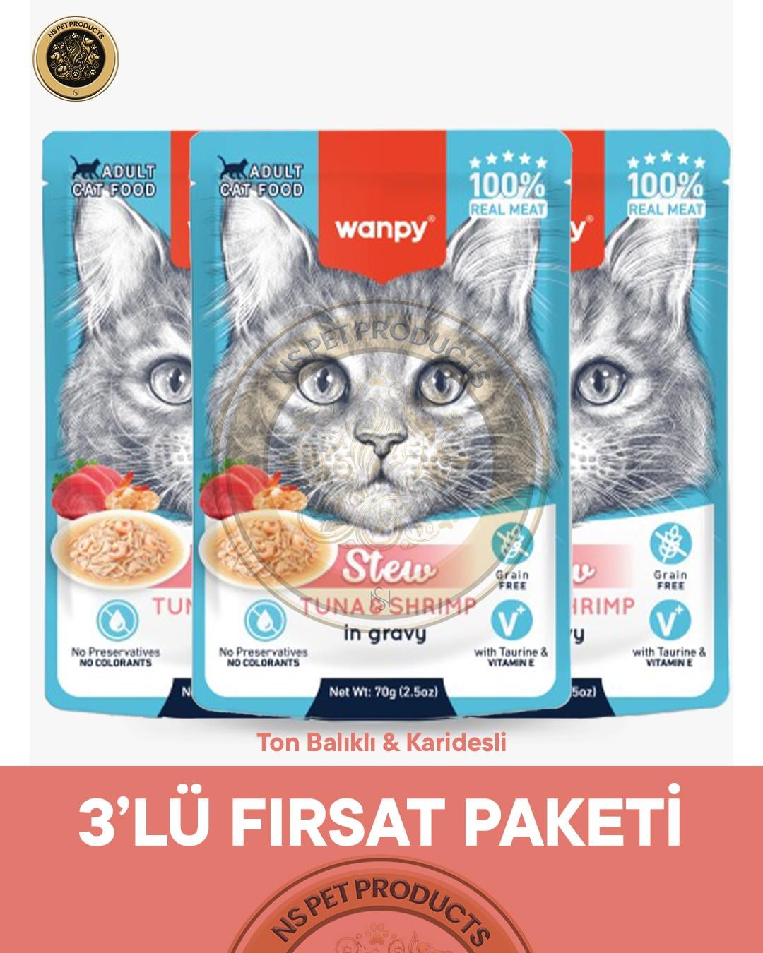 Wanpy Pouch Ton-Karides Yaş Kedi Maması 3lü Fırsat 3x70gr