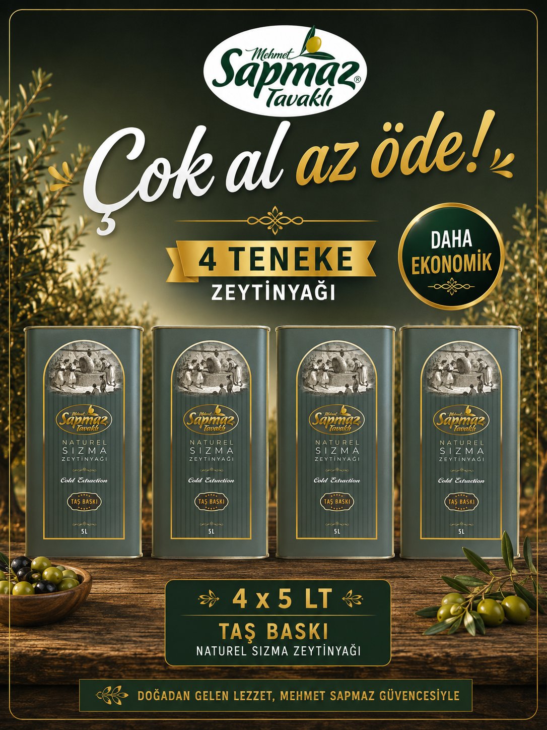 SAPMAZ TAVAKLI4' lü Taş Baskı Soğuk Sıkım Zeytinyağı 5 Litre  