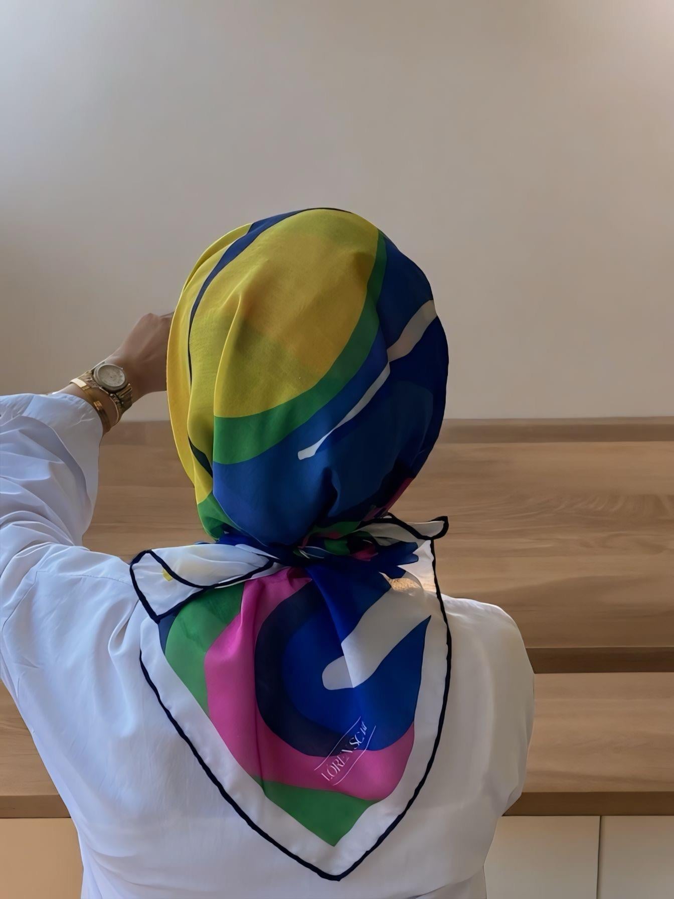 Digital Baskılı Pamuklu Eşarp Twist Desen Lacivert-Sarı