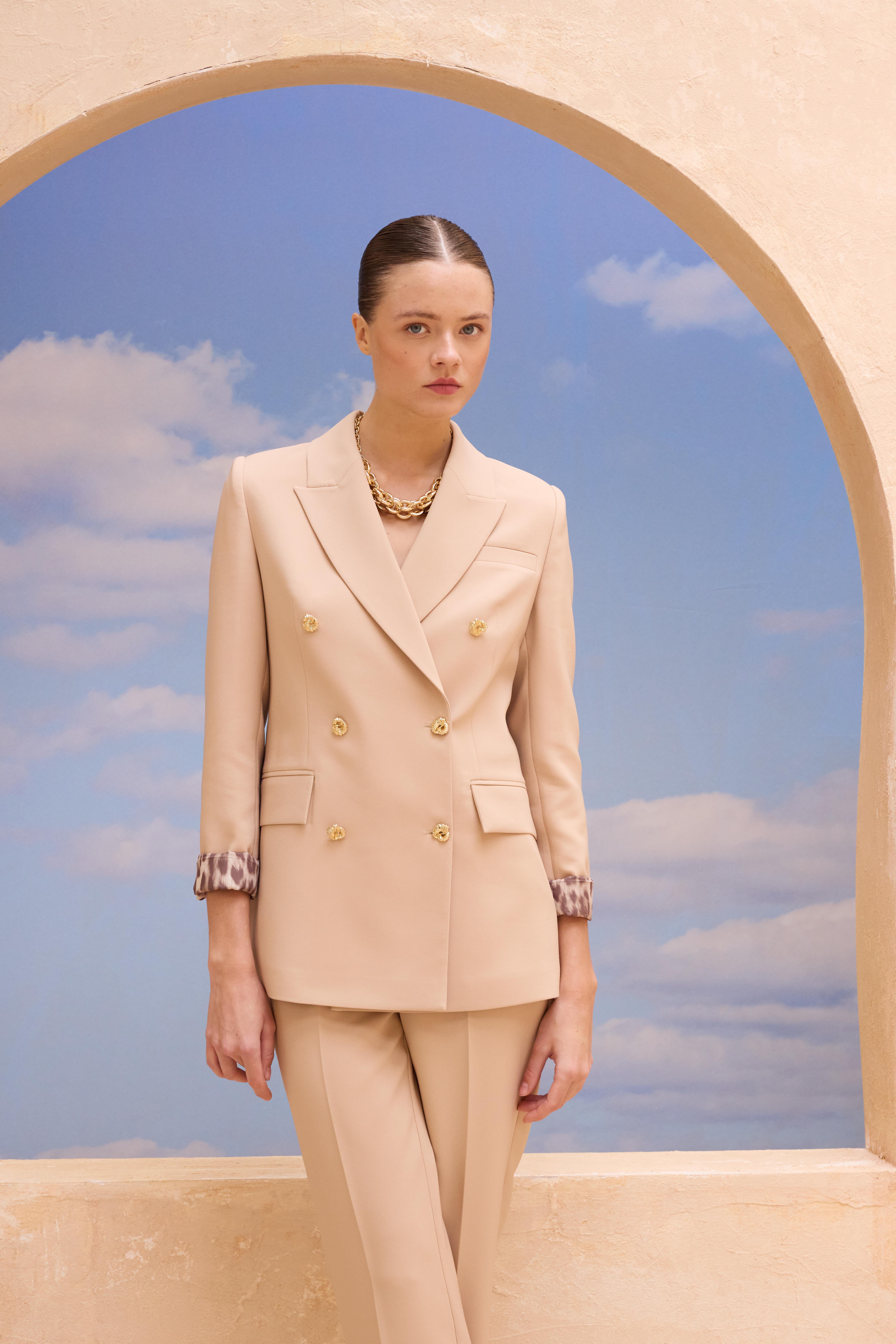 Bej-ML58029 Leopar Astarlı Kruvaze Blazer