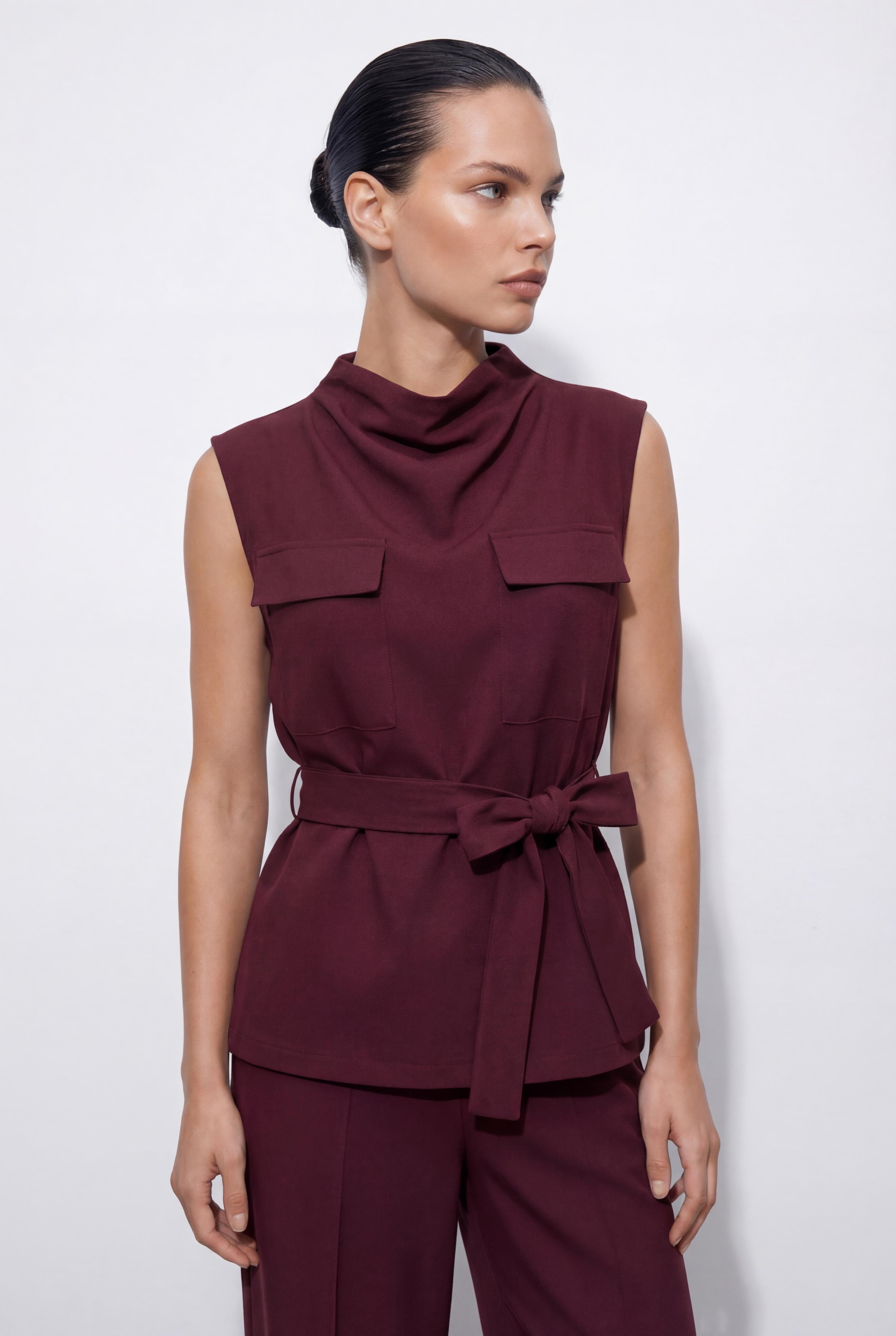 Bordo-ML28011 Kemerli Dik Yaka Bluz