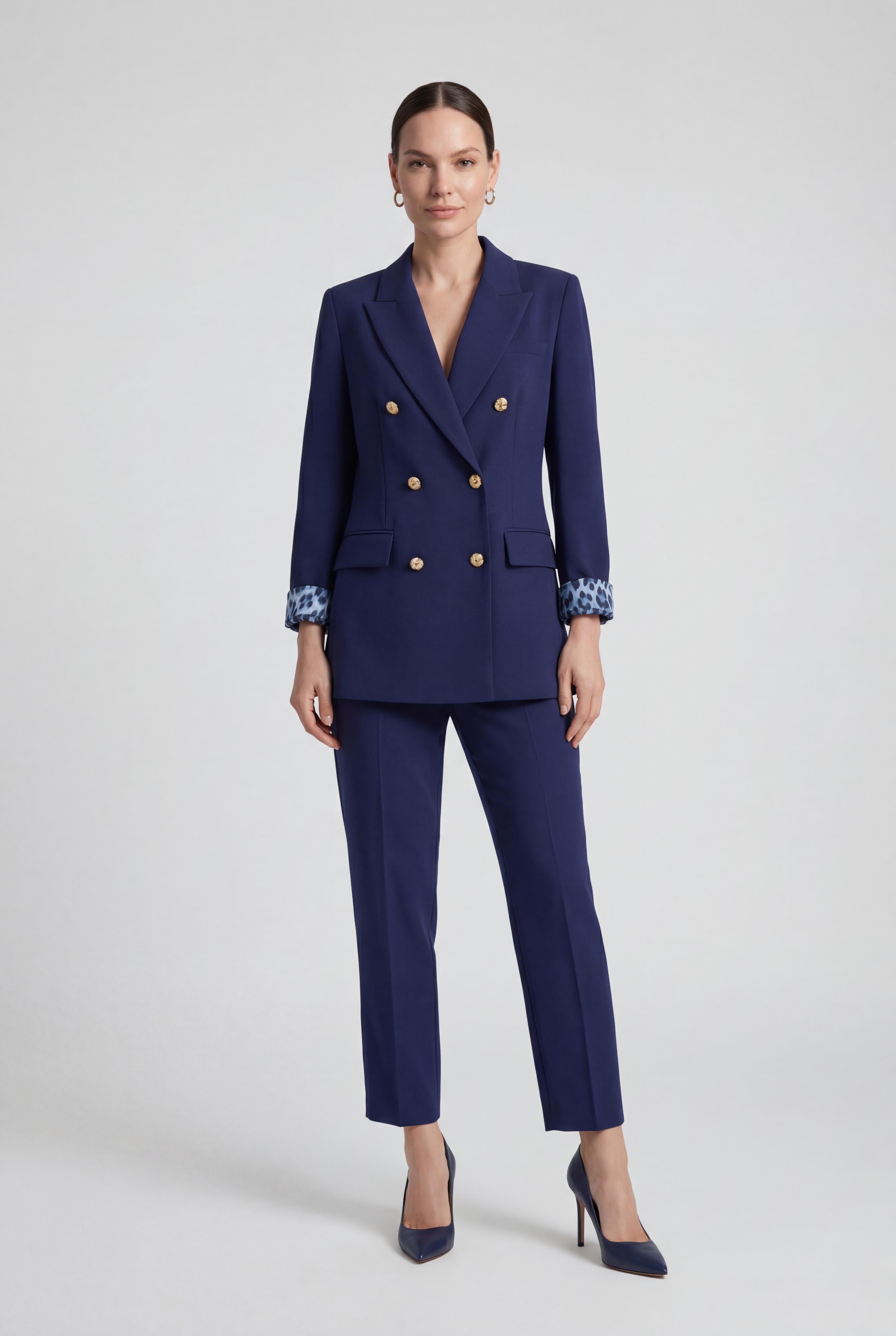 Lacivert-ML58029 Leopar Astarlı Kruvaze Blazer