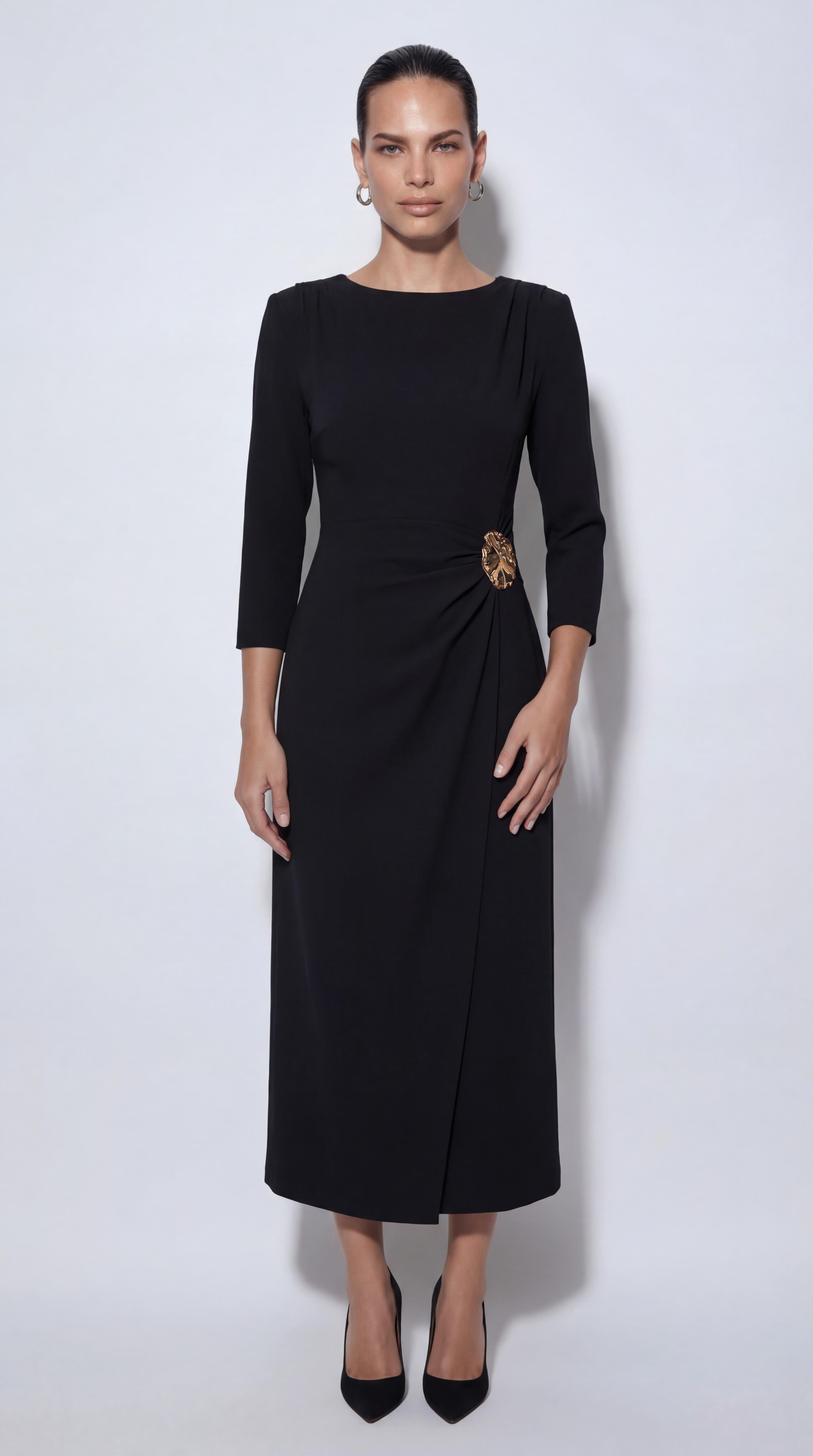 Siyah-ML18039 Toka Detaylı Midi Boy Elbise