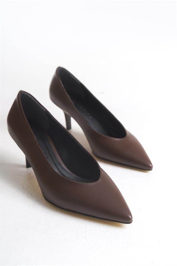 BUENO Kahve Cilt Stiletto Ayakkabı