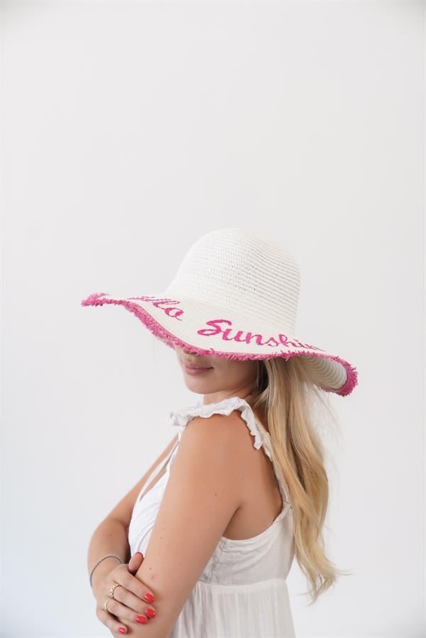 EDİT Beyaz Fuşya Yazı Detaylı Kadın Hasır Şapka