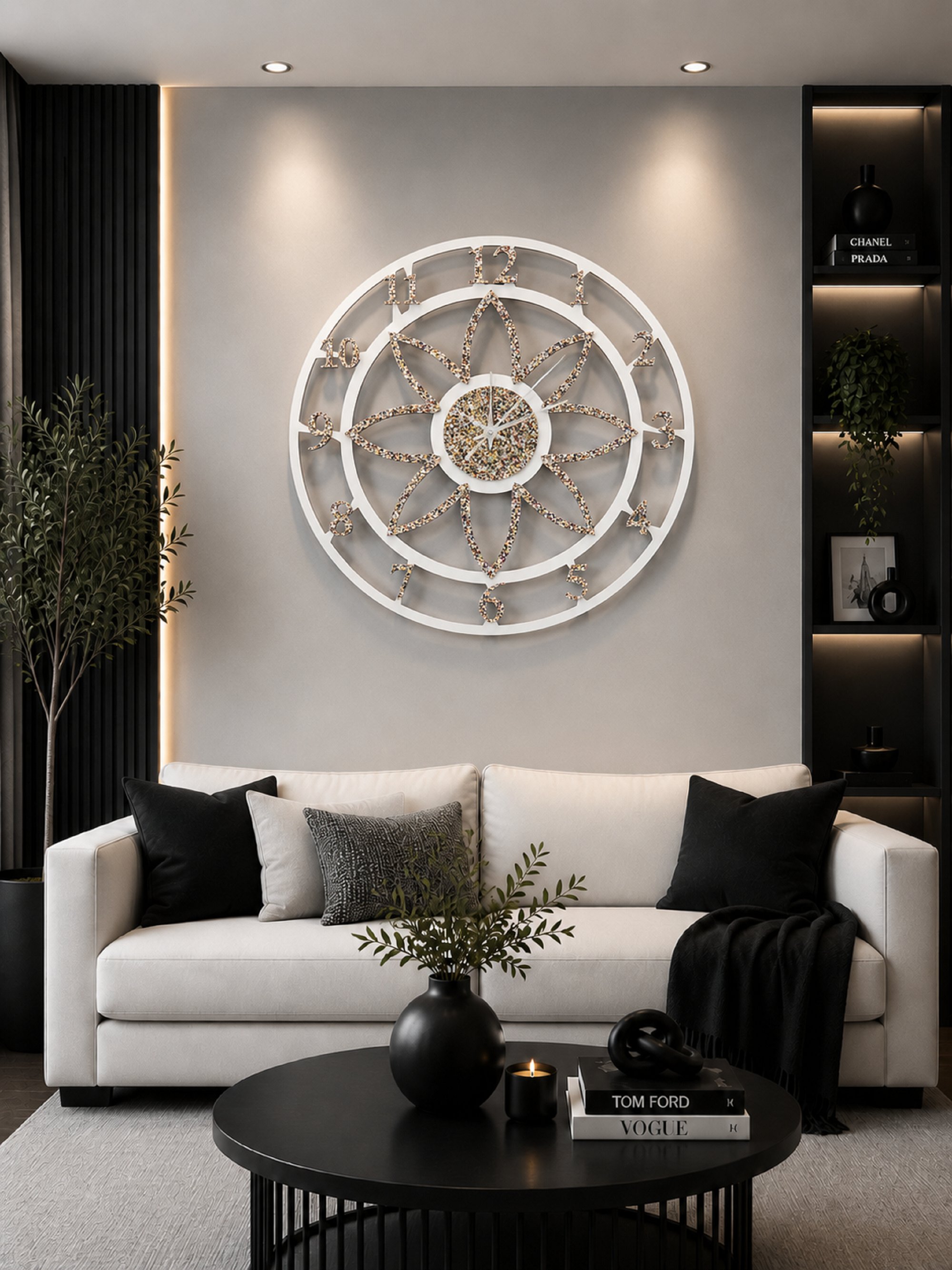 Floral Style Beyaz-Multi Simli Dekoratif Duvar Saati - Sessiz Mekanizma