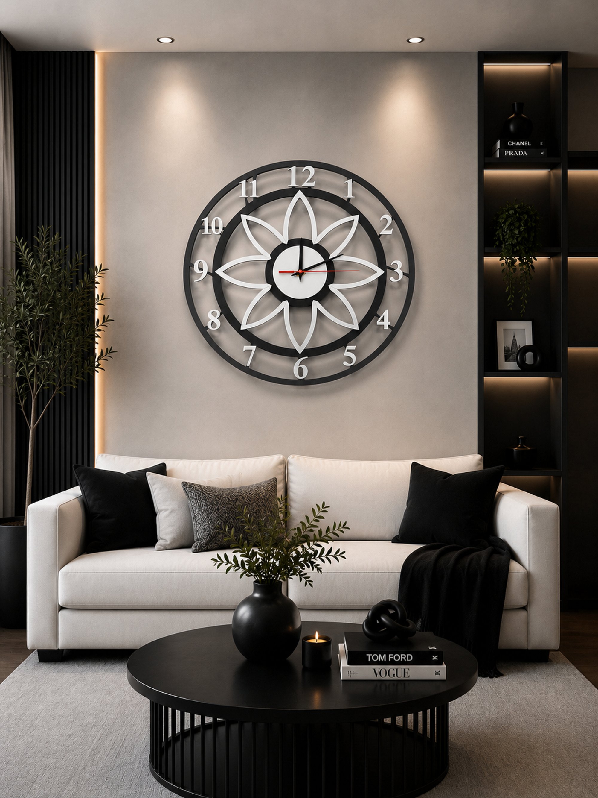 Floral Style Siyah-Gümüş Dekoratif Duvar Saati - Sessiz Mekanizma