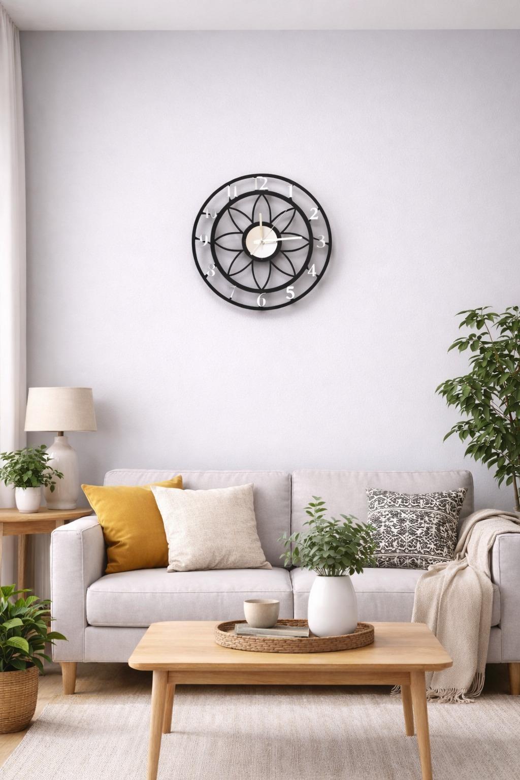 Floral Style Siyah-Gümüş Pleksi Dekoratif Duvar Saati - Sessiz Mekanizma