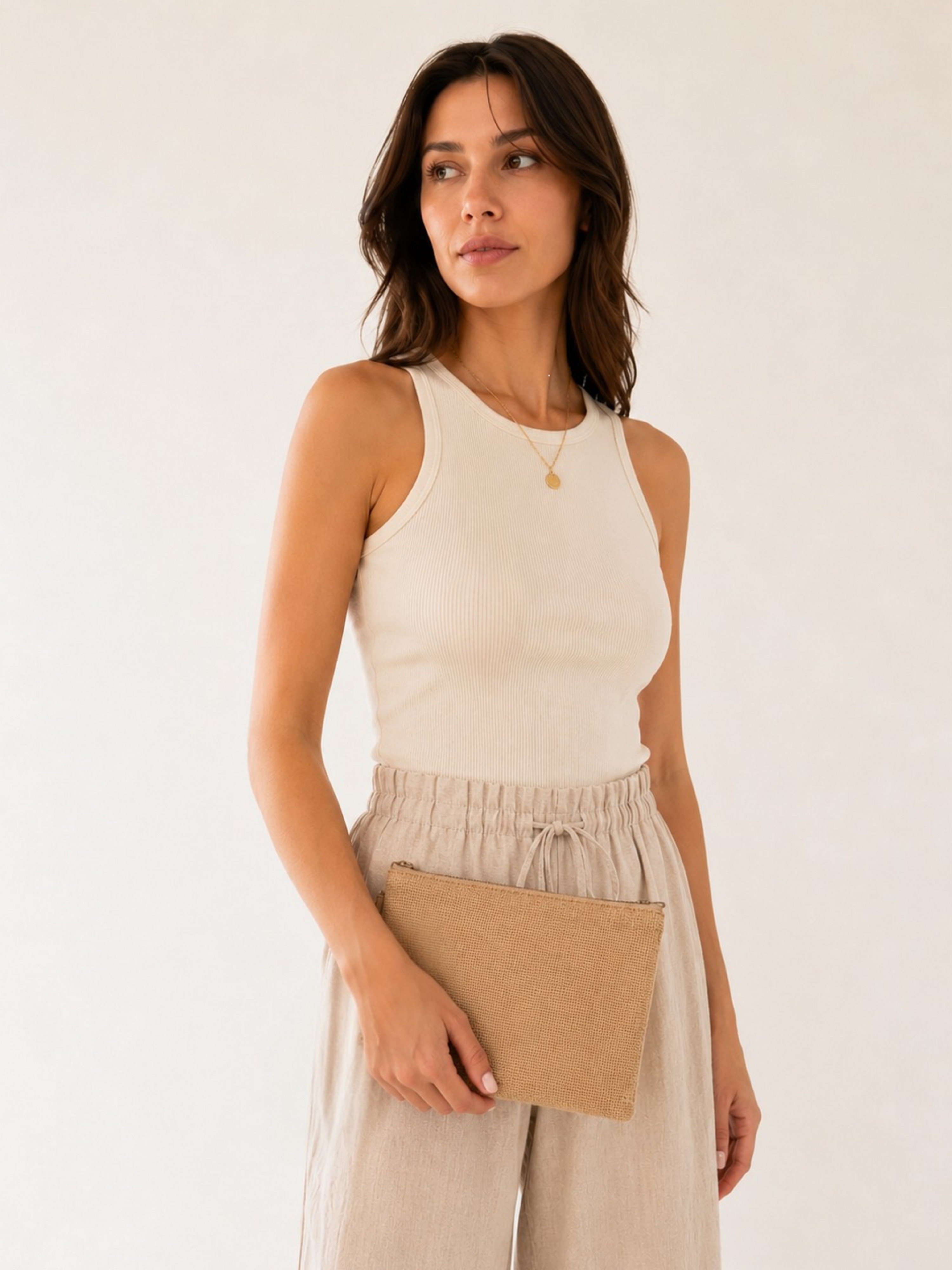 Kadın Jüt Hasır Kumaş Fermuarlı Portföy Clutch El Çantası