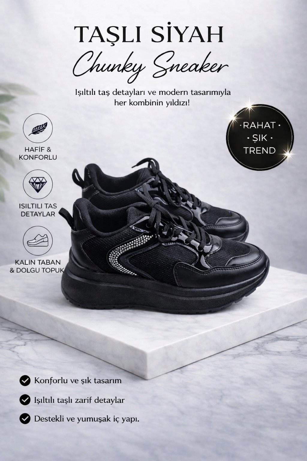 Kadın Siyah Taş Detaylı Kalın Taban Bağcıklı Sneaker Spor Ayakkabı