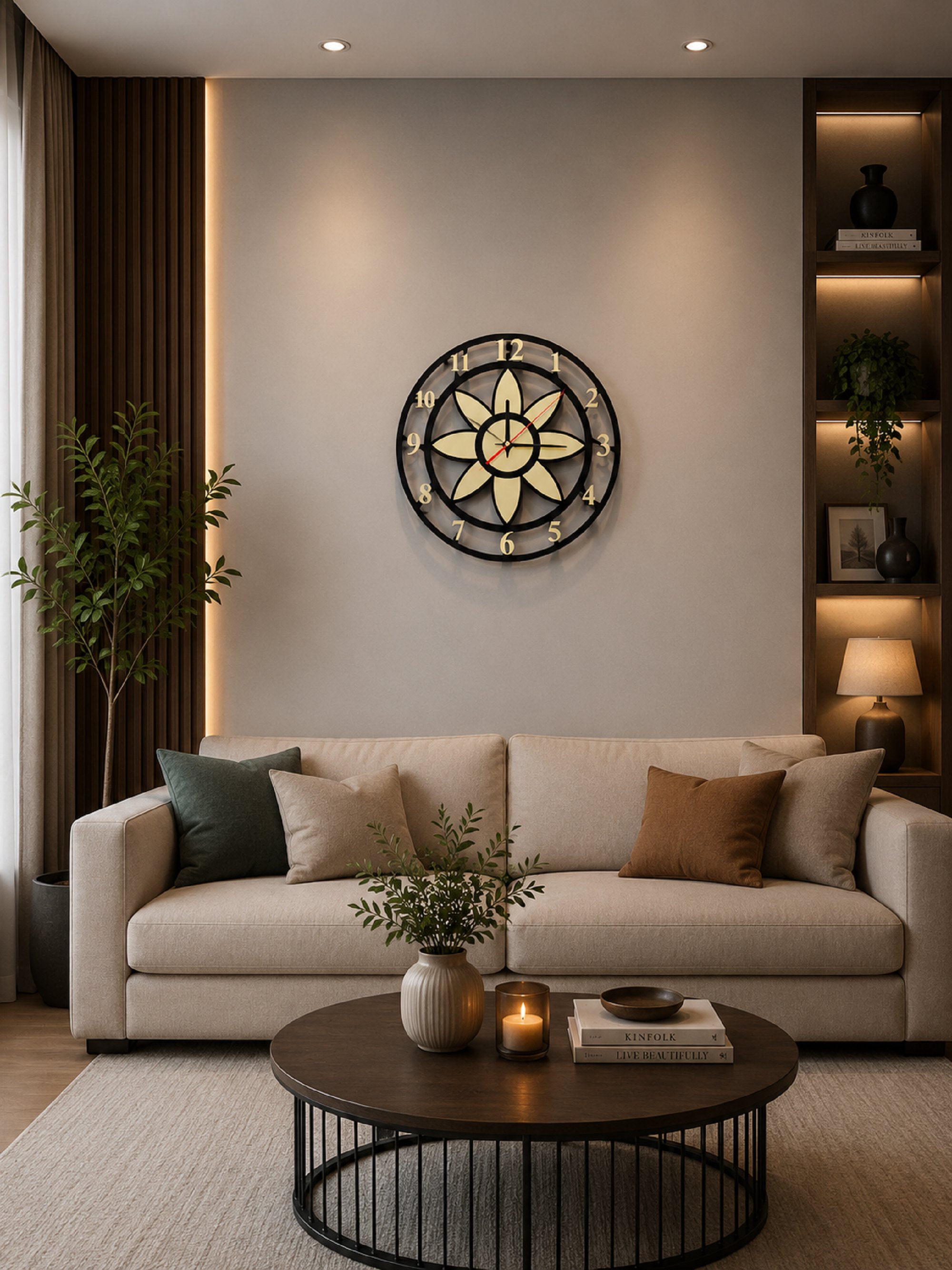 Modern Lotus Desenli Siyah-Gold Dekoratif Duvar Saati - Sessiz Mekanizma