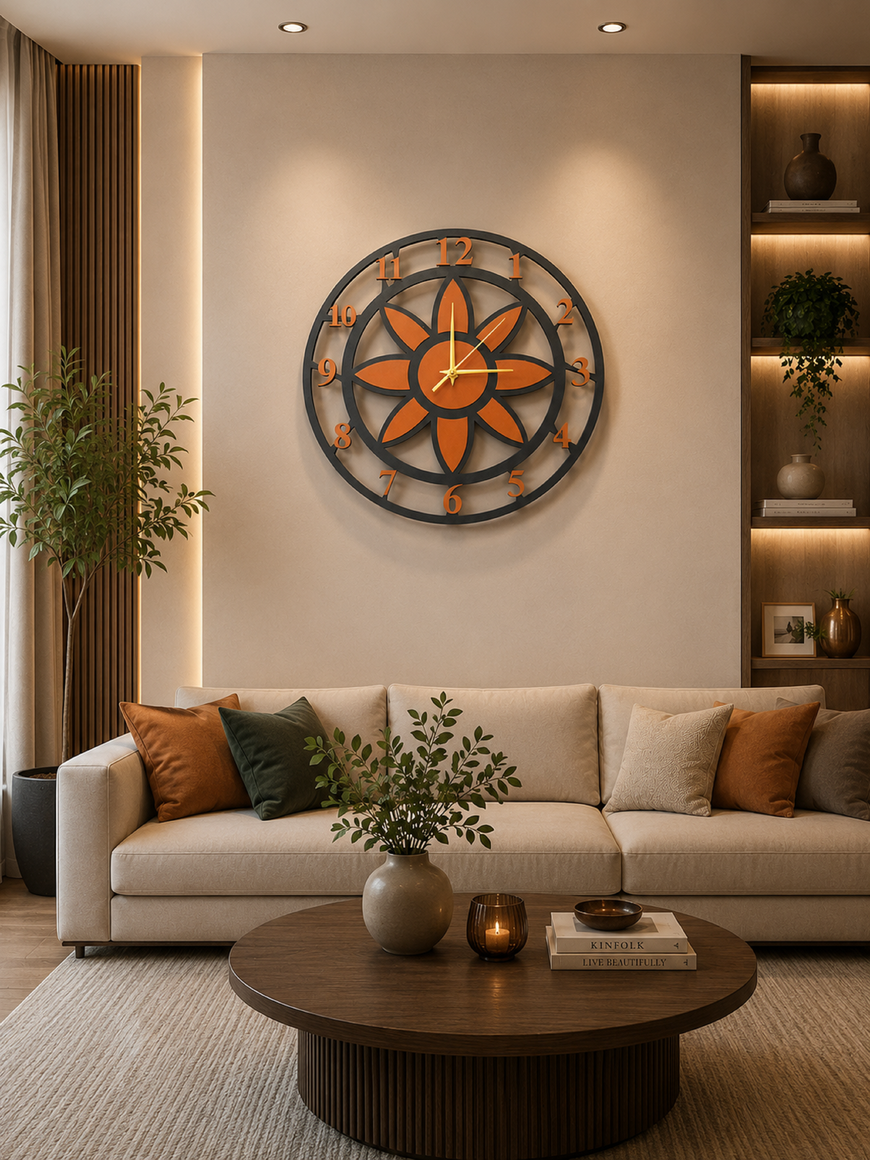 Modern Lotus Desenli Siyah-Taba Dekoratif Duvar Saati - Sessiz Mekanizma