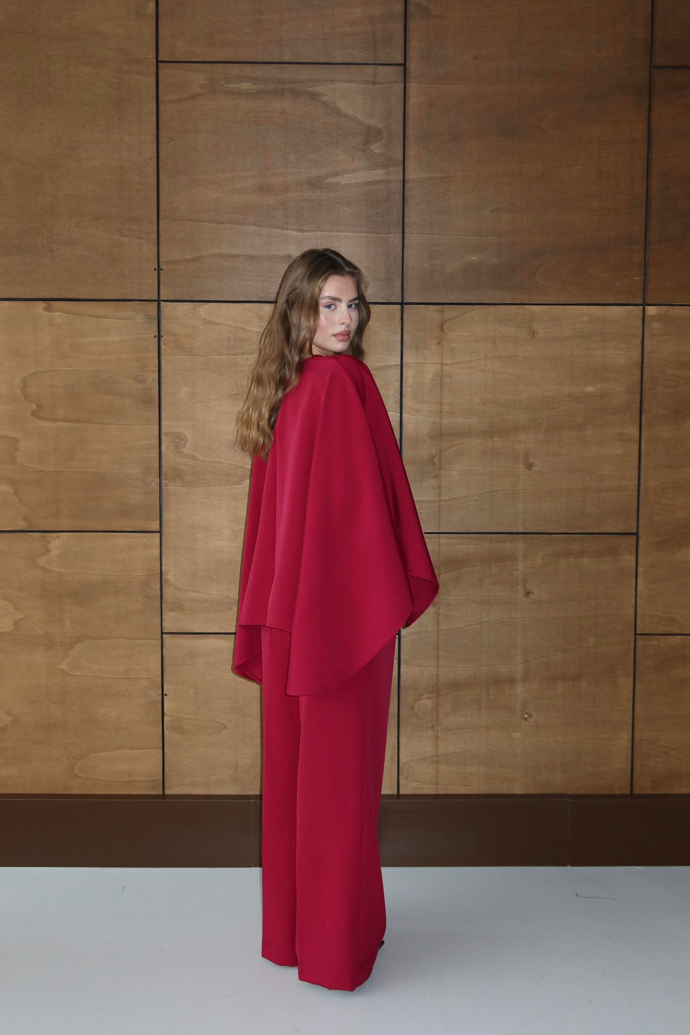 Casual Pelerin Palazzo Pantolon Takım Bordo