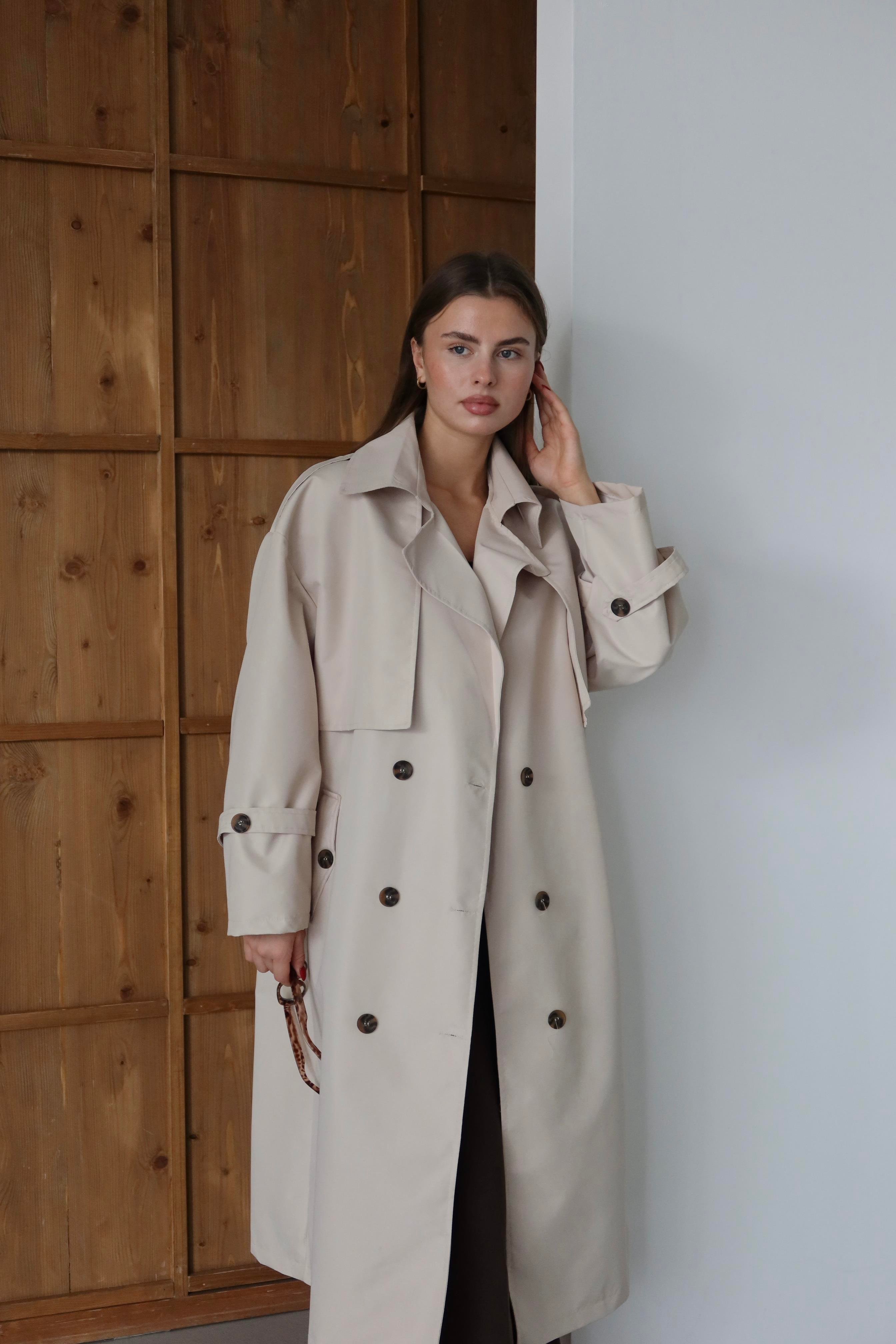 Premium Kol Apoletli Rüzgarlıklı Oversize Trençkot Bej