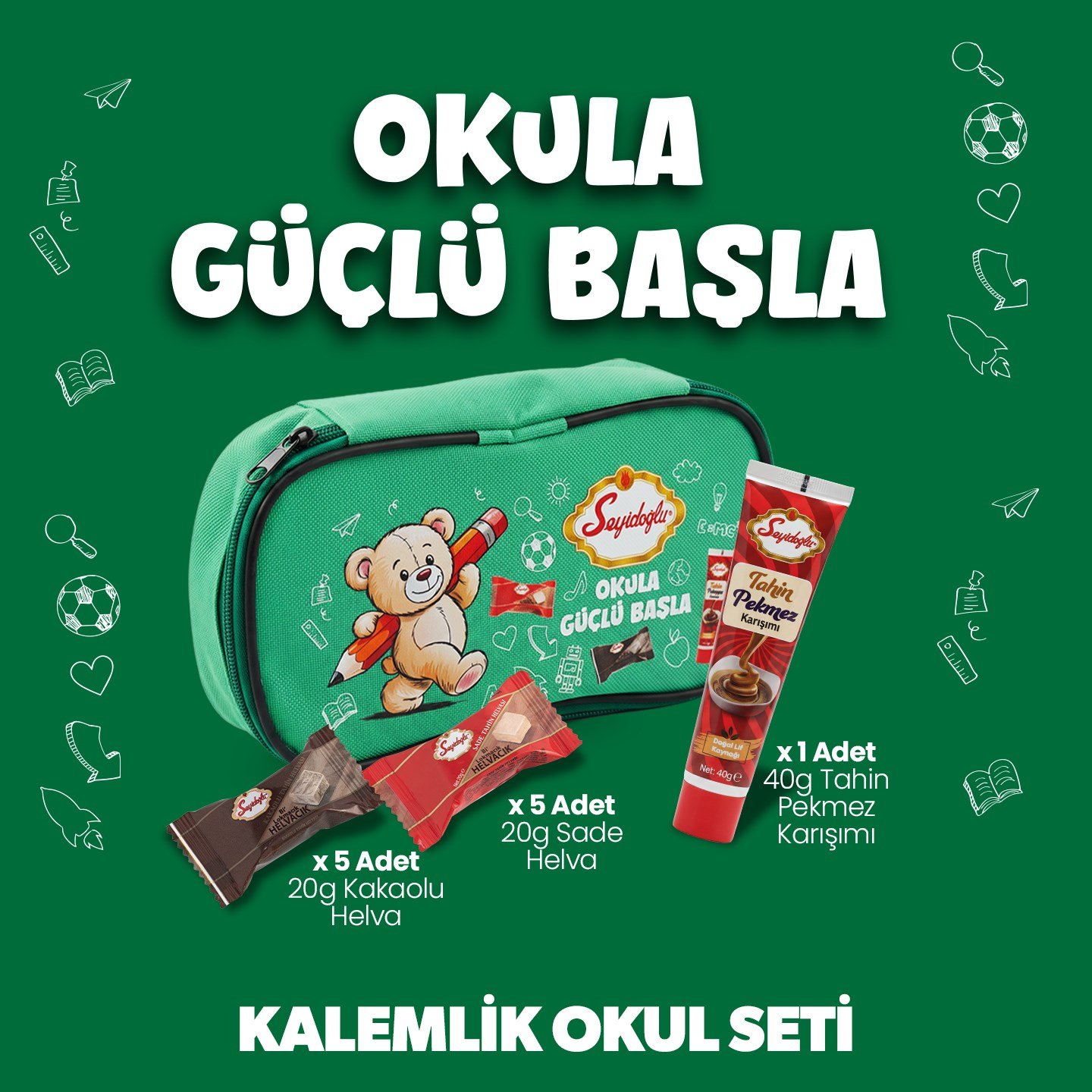 Okula Güçlü Başla Kalemlikli Helva Seti Kutusu ve Kalemlik