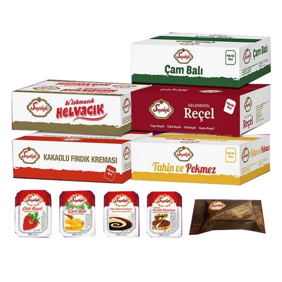 Seyidoğlu Kahvaltılık Mini Paket Seti – Çam Balı, Fındık Kreması, Çilek Reçeli, Kakaolu Helva, Tahin Pekmez