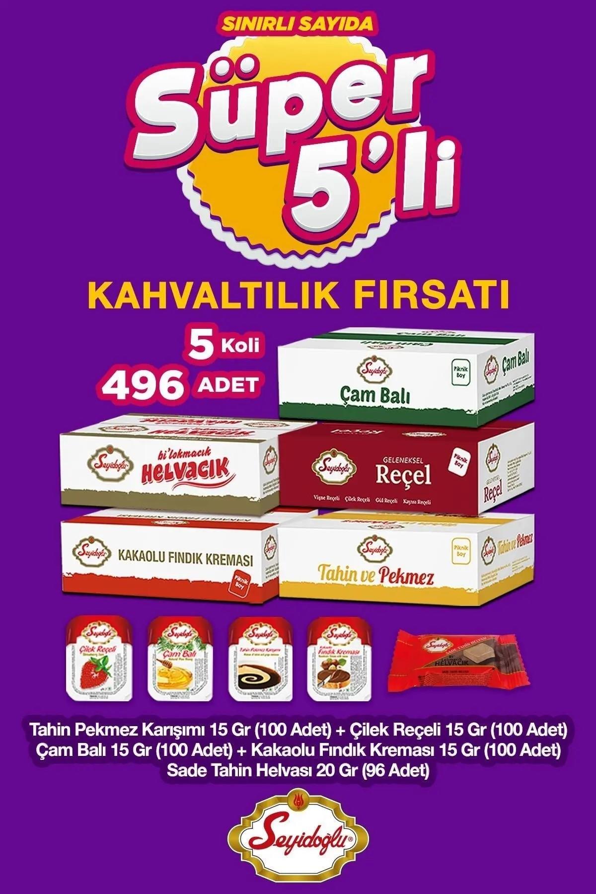 Seyidoğlu Kahvaltılık Tek Kullanımlık Set – Çam Balı, Fındık Kreması, Çilek Reçeli, Tahin Pekmez, Helva