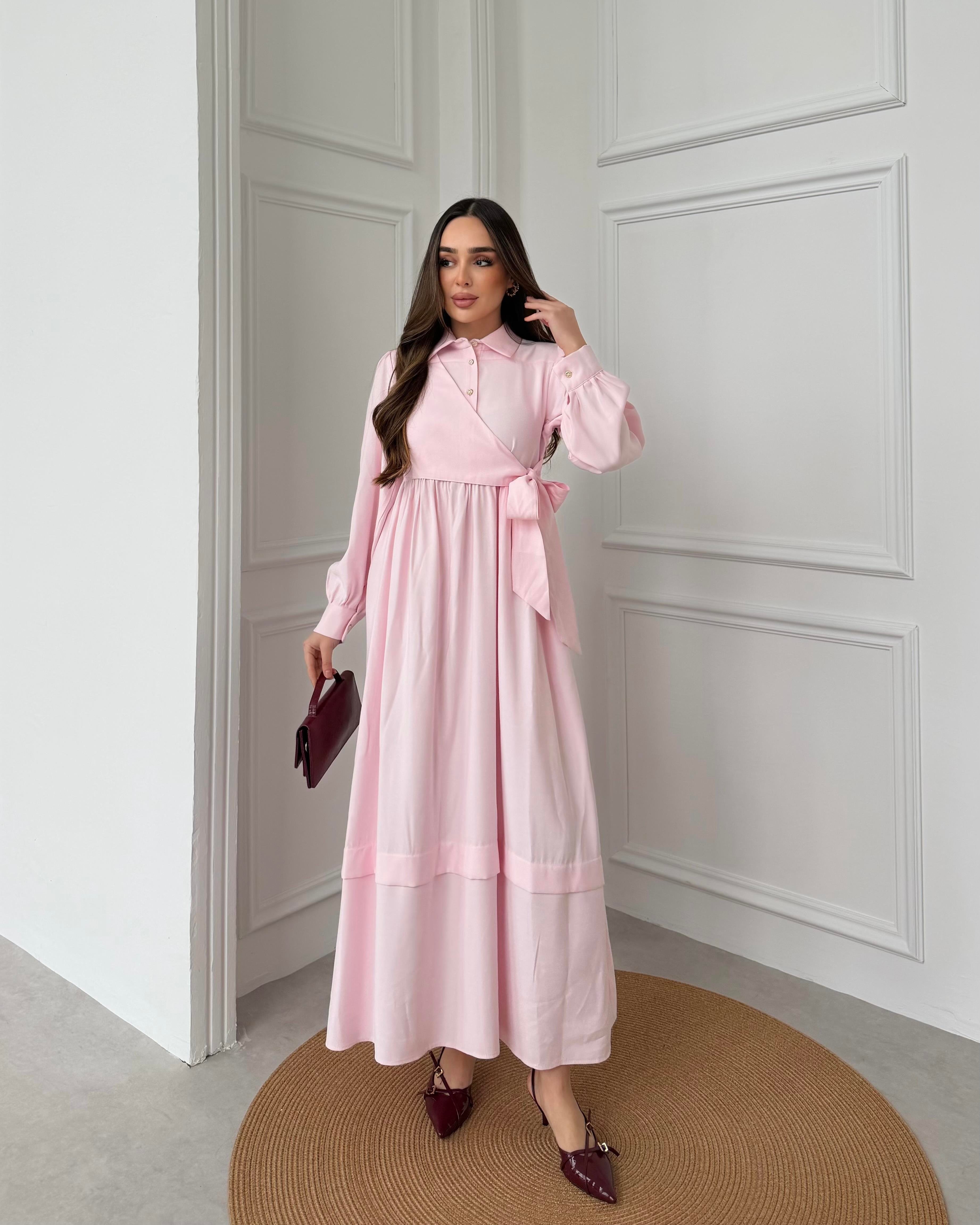 SL4208 - YANDAN BAĞLAMALI ELBİSE - PUDRA PEMBE
