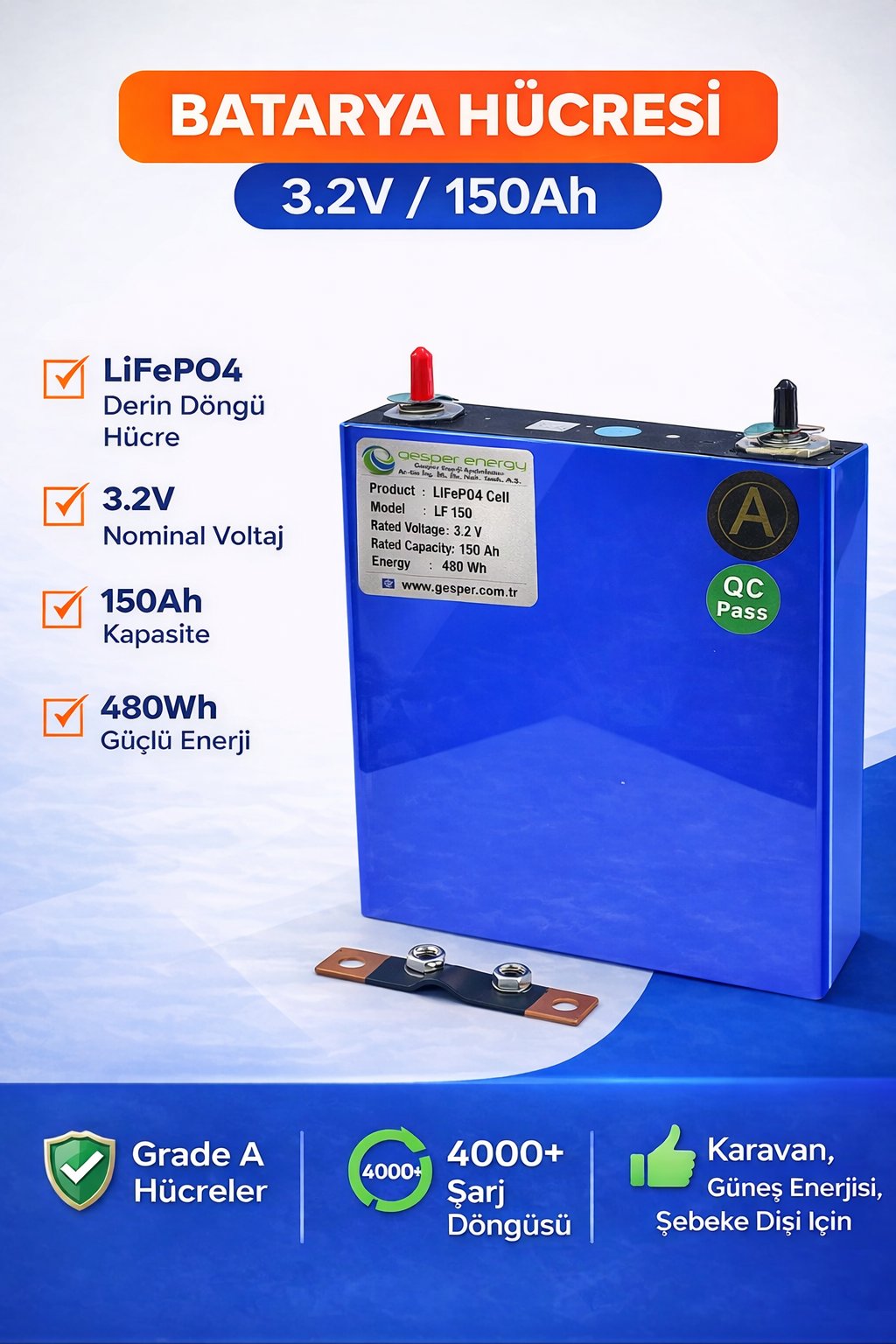 Gesper Energy 3.2V 150Ah Prizmatik LiFePo4 Hücre