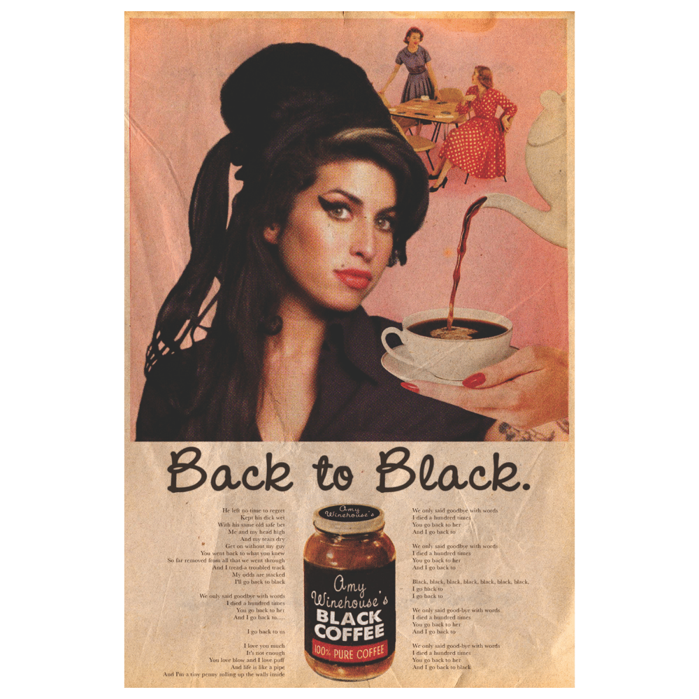 Amy Winehouse Back to Black Kahve Temalı Retro Ahşap Tablo