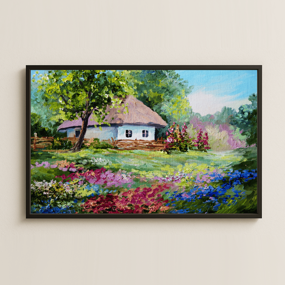 Çiçekli Bahçede Köy Evi UV Baskılı Sanat Tablosu