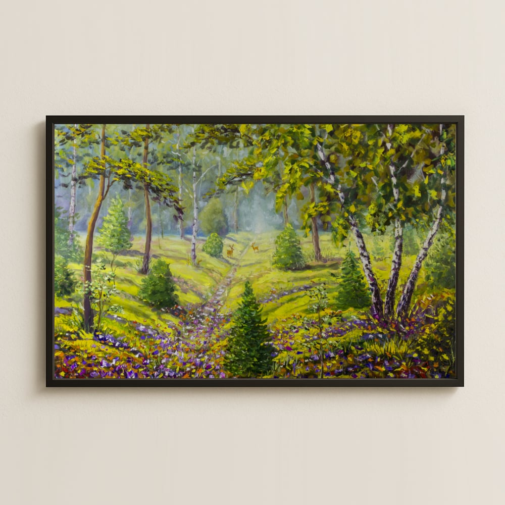 Çiçekli Orman Yolu ve Geyikler UV Baskılı Tablo
