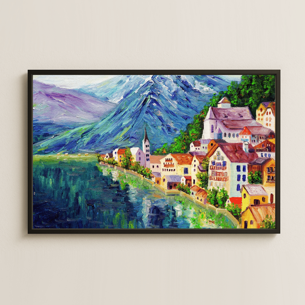 Dağ Eteklerinde Göl ve Köy UV Baskılı Sanat Tablosu