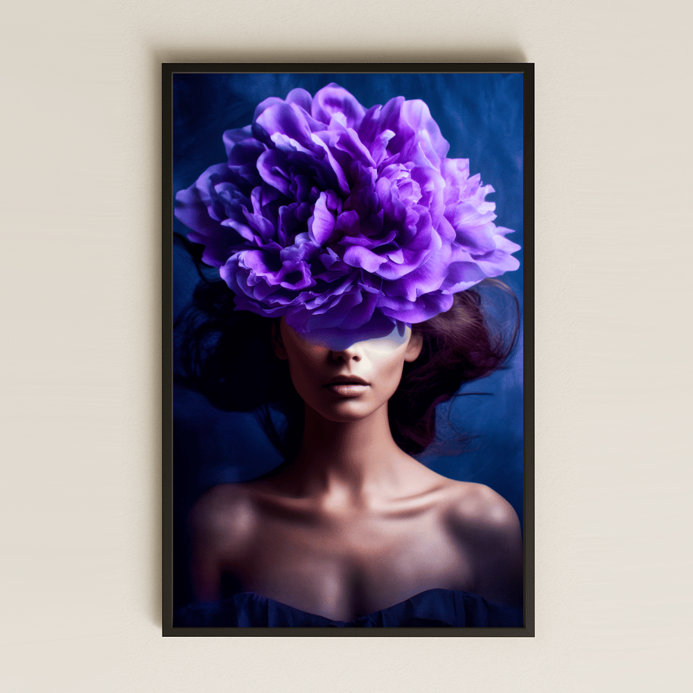 Dev Mor Çiçekli Kadın Portresi Temalı Çarpıcı Sanatsal Pleksi Tablo