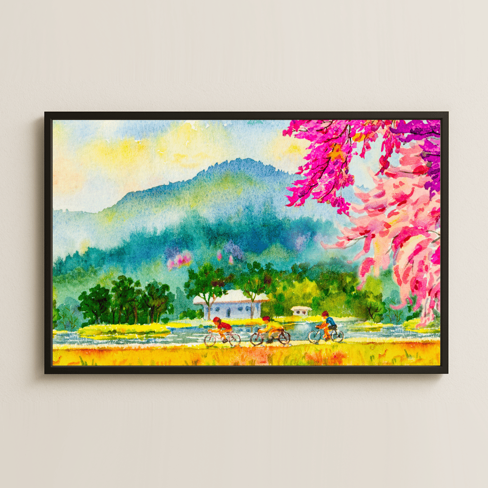 Doğada Bisiklet Turu UV Baskılı Renkli Manzara Tablosu