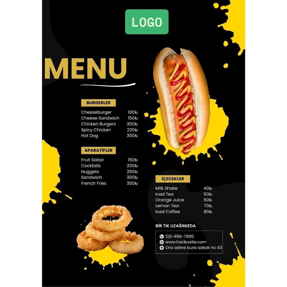 Fast Food Menü A3 - Dinamik ve Çarpıcı PVC Tasarım