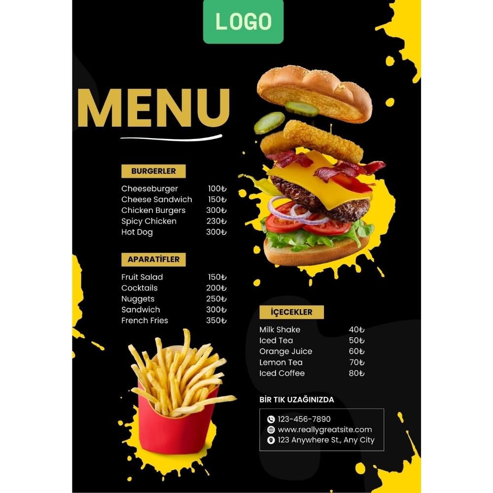 Fast Food Menü A3 - Dinamik ve Çarpıcı PVC Tasarım