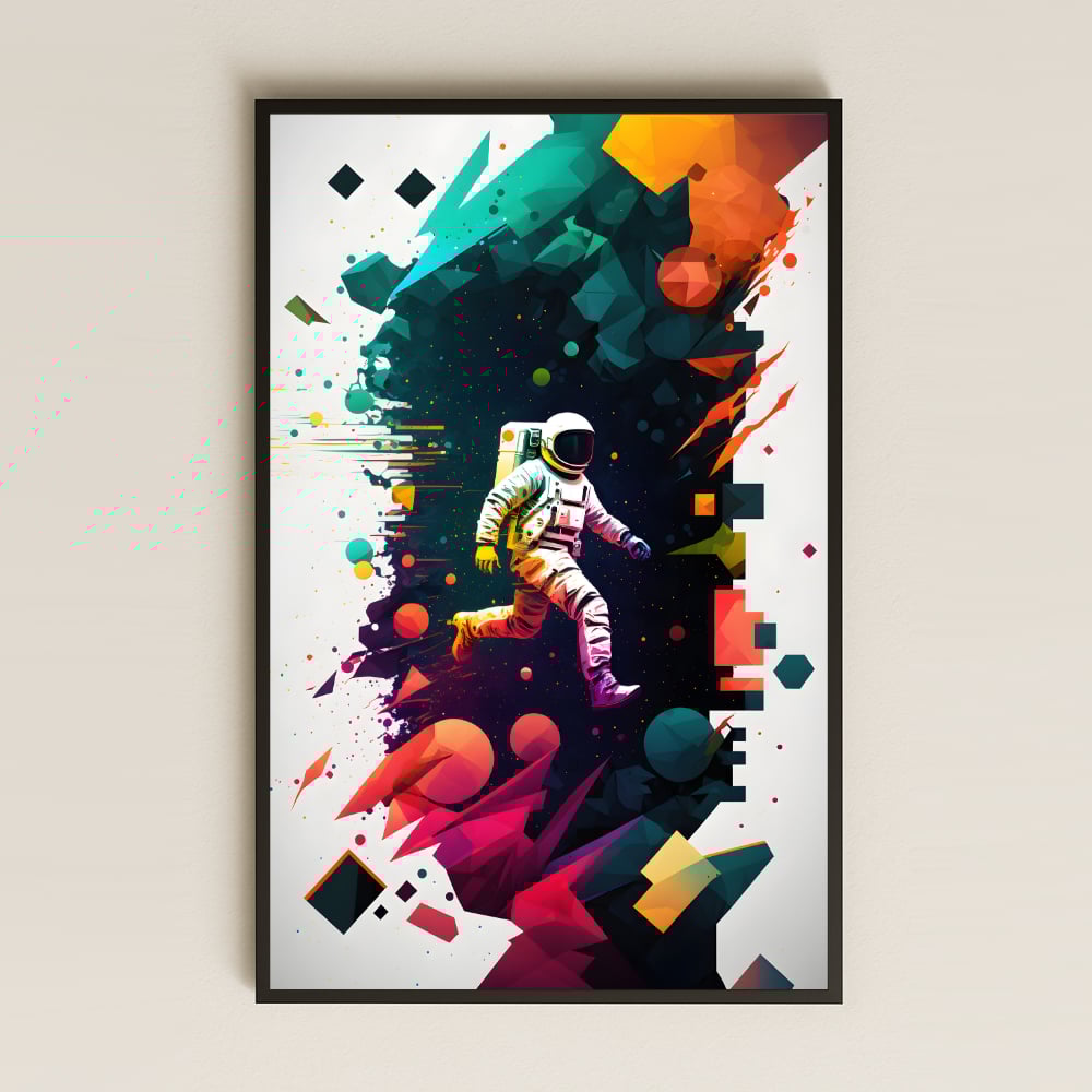 Geometrik Kozmos ve Astronot Temalı Pleksi Tablo - Renkli Uzay Yürüyüşü