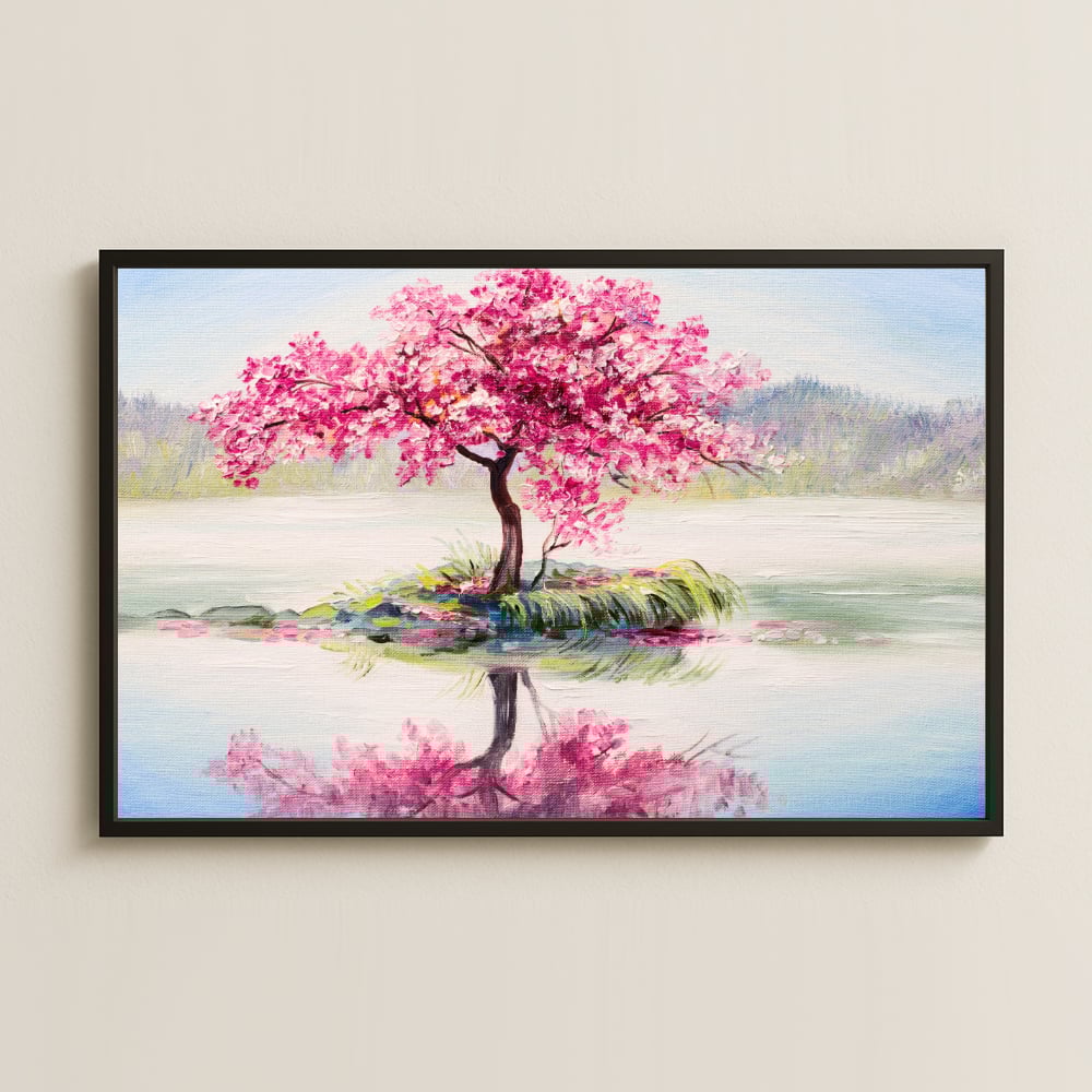 Kiraz Ağacı ve Göl Yansıması UV Baskılı Tablo