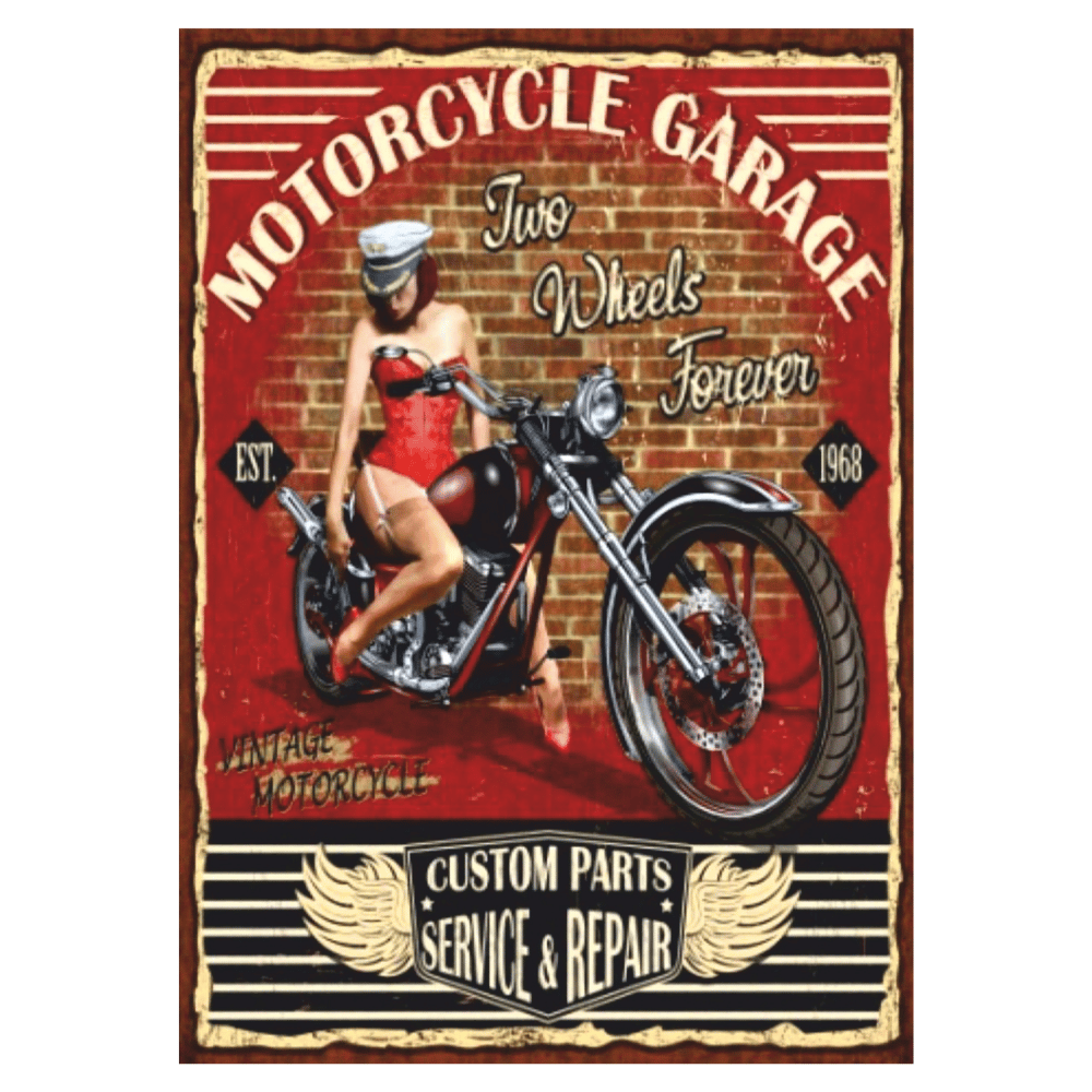 Motorcycle Garage Vintage Chopper Temalı Ahşap Retro Garaj Poster Tablo