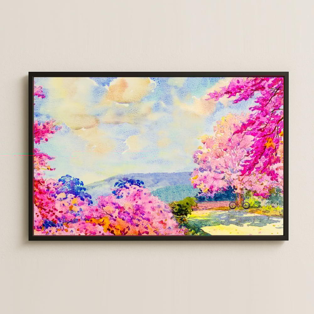 Pembe Çiçekli Yol ve Bisiklet UV Baskılı Tablo