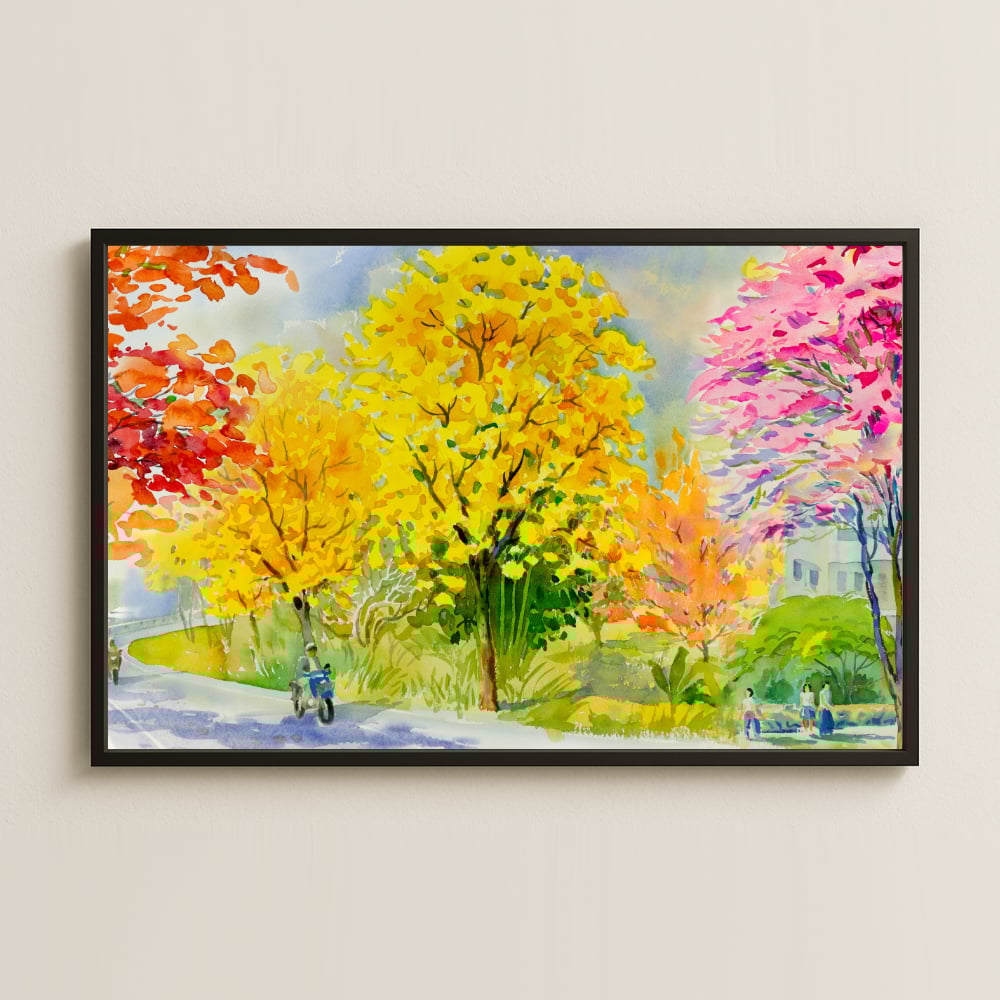 Renkli Ağaçlı Yol UV Baskılı Bahar Manzara Tablosu