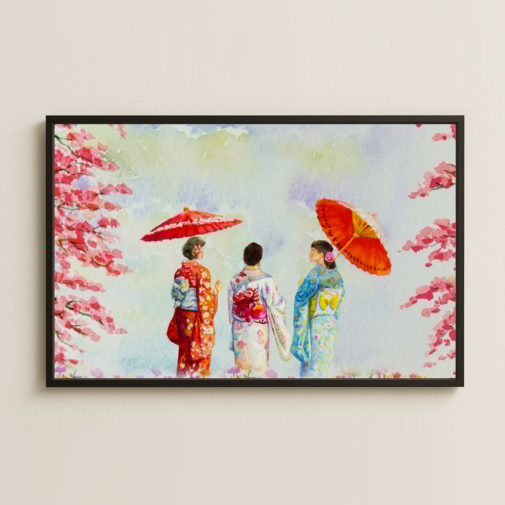 Sakura ve Kimonolu Kadınlar UV Baskılı Japon Tablosu