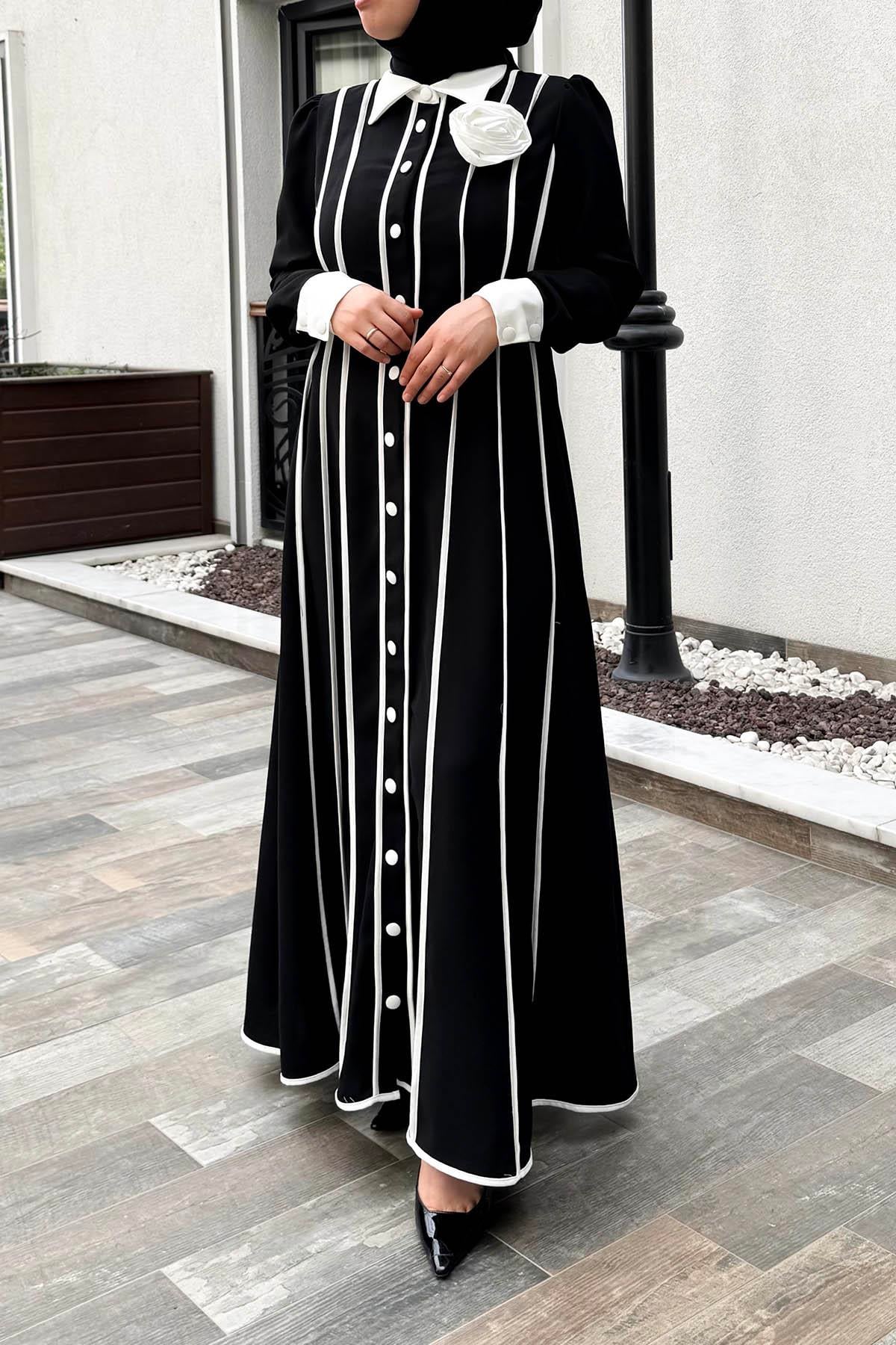 ATD Biyeli Güllü Elbise Siyah