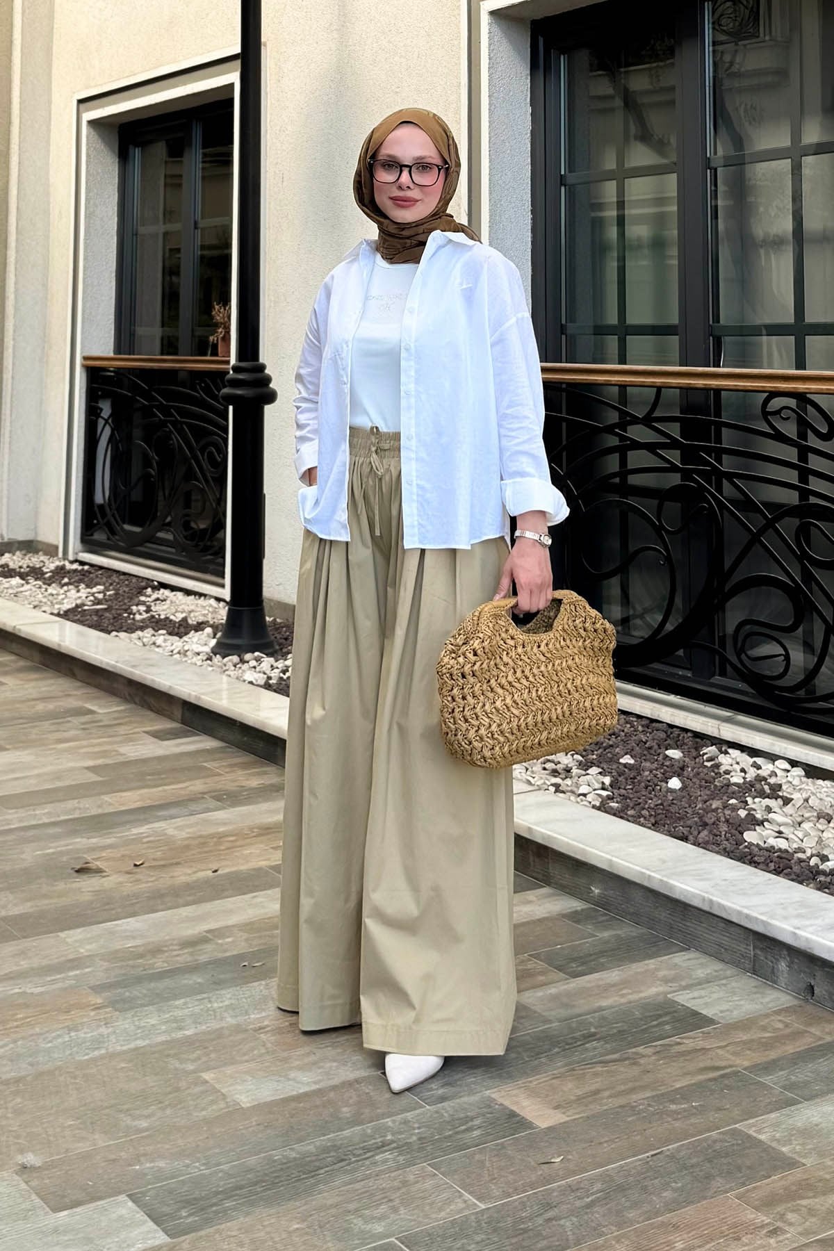 Poplin Lastikli Etek Pantolon Camel