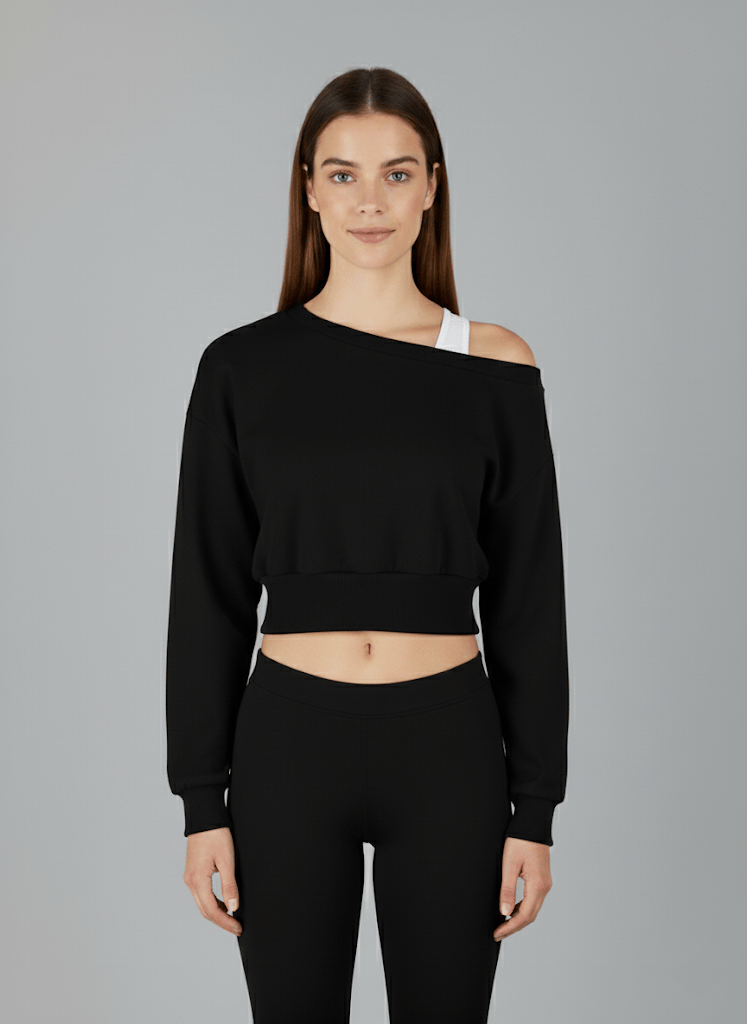 Askılı Modern Basic Omuzu Açık Siyah Sweatshirt | Reglan Kol Kesim