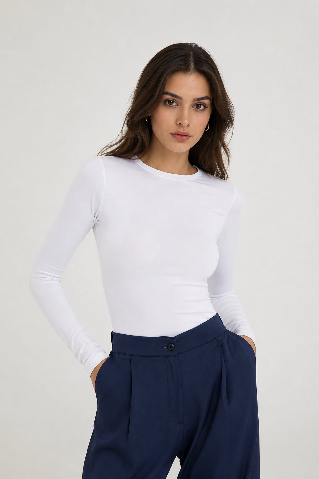 Beyaz Kadın Uzun Kollu Likralı Basic Body – Esnek Polyamid Elastan Kumaş, Slim Fit, Günlük Şık Üst